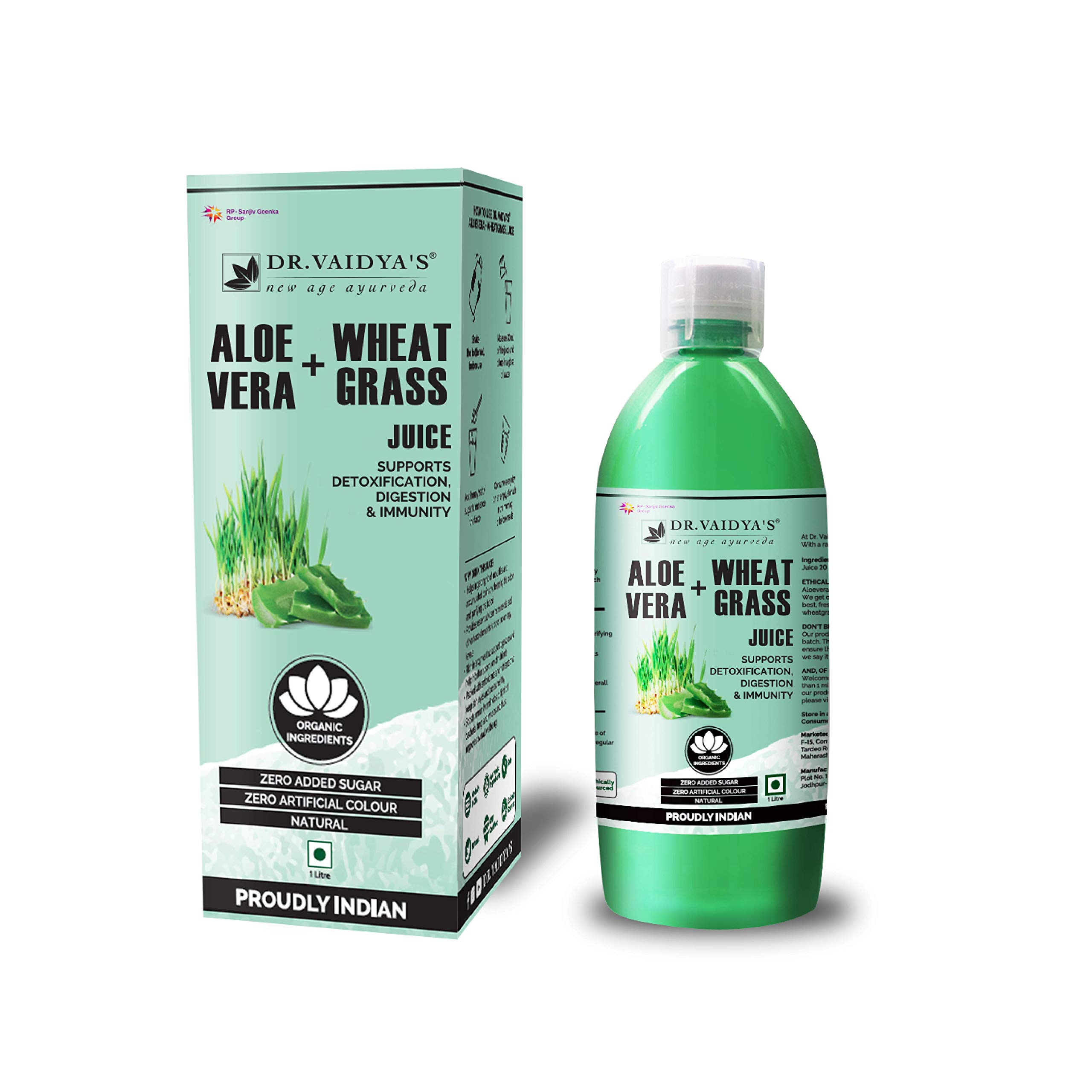 DR. VAIDYA'S new age ayurveda Aloevera and Wheatgrass Juice - Detoxification, Digestion & Immunity (1 LTR) - Vegetarian, Zero Added Sugar