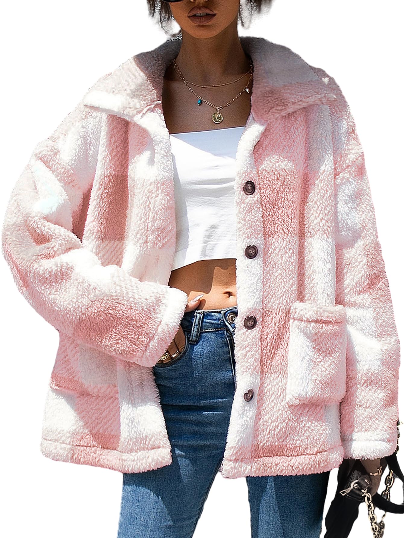 QUCHSherpa Jacket Women Fuzzy Fleece Winter Coats for Women Shackets for Women 2023 Fashion Casual Warm Gingham Teddy Coat