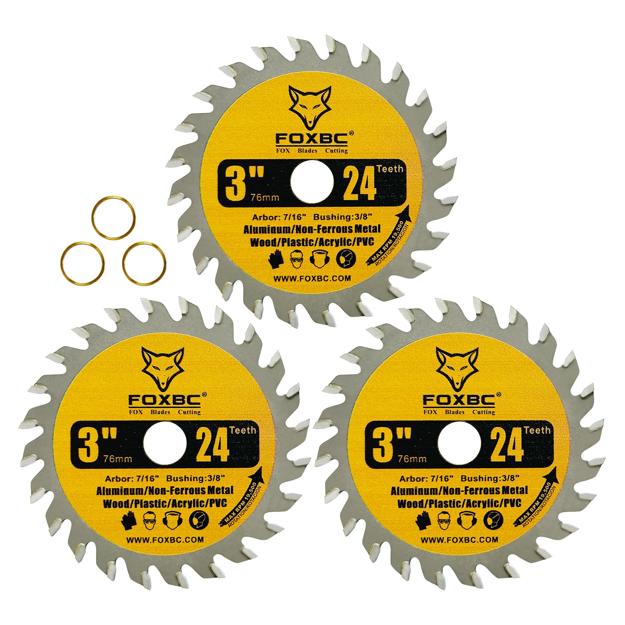 FOXBC 3 Inch Circular Saw Blade 24T Carbide Cuts for Wood, Plastic, PCV, Acrylic, Aluminum with 7/16" Arbor, Compatible with Dewalt, Dremel, Ryobi, Worx, Milwaukee, Ultra-Saws, RotoZip Saws - 3 Pack