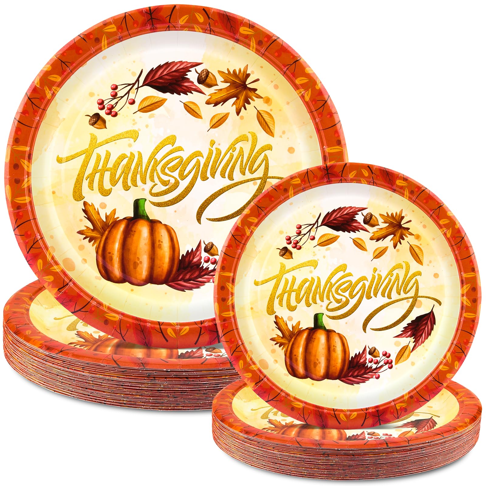 EPHYO 50PCS Thanksgiving Paper Plates 7in and 10in, Fall Leaves Pumpkin Autumn Harvest Giving Day Disposable Compostable Dinner Dessert Appetizer Cake Plates Party Supplies Dinnerware