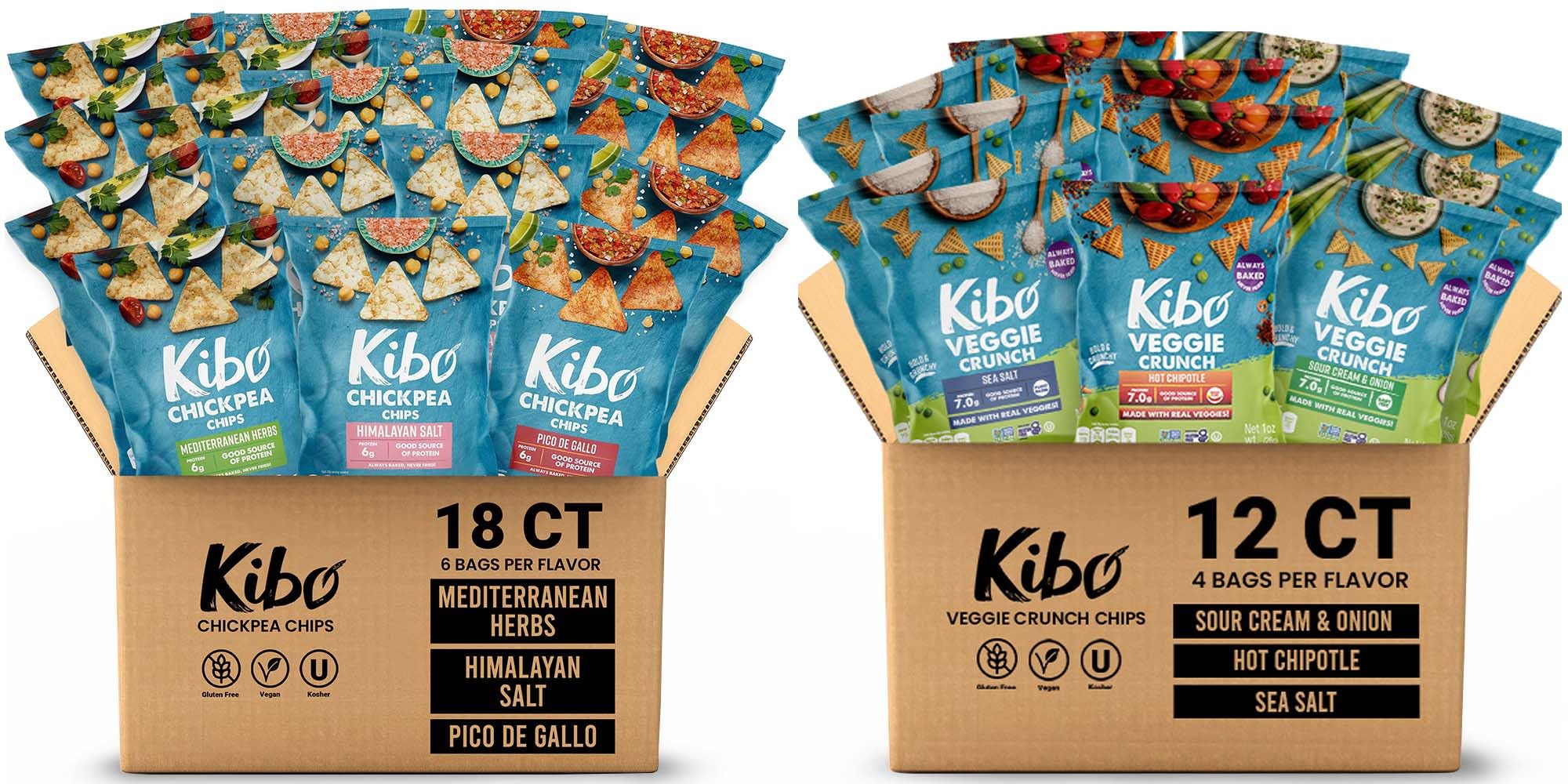 Kibo Chickpea Chips Variety 18-Pack and Veggie Chips Variety 12-Pack