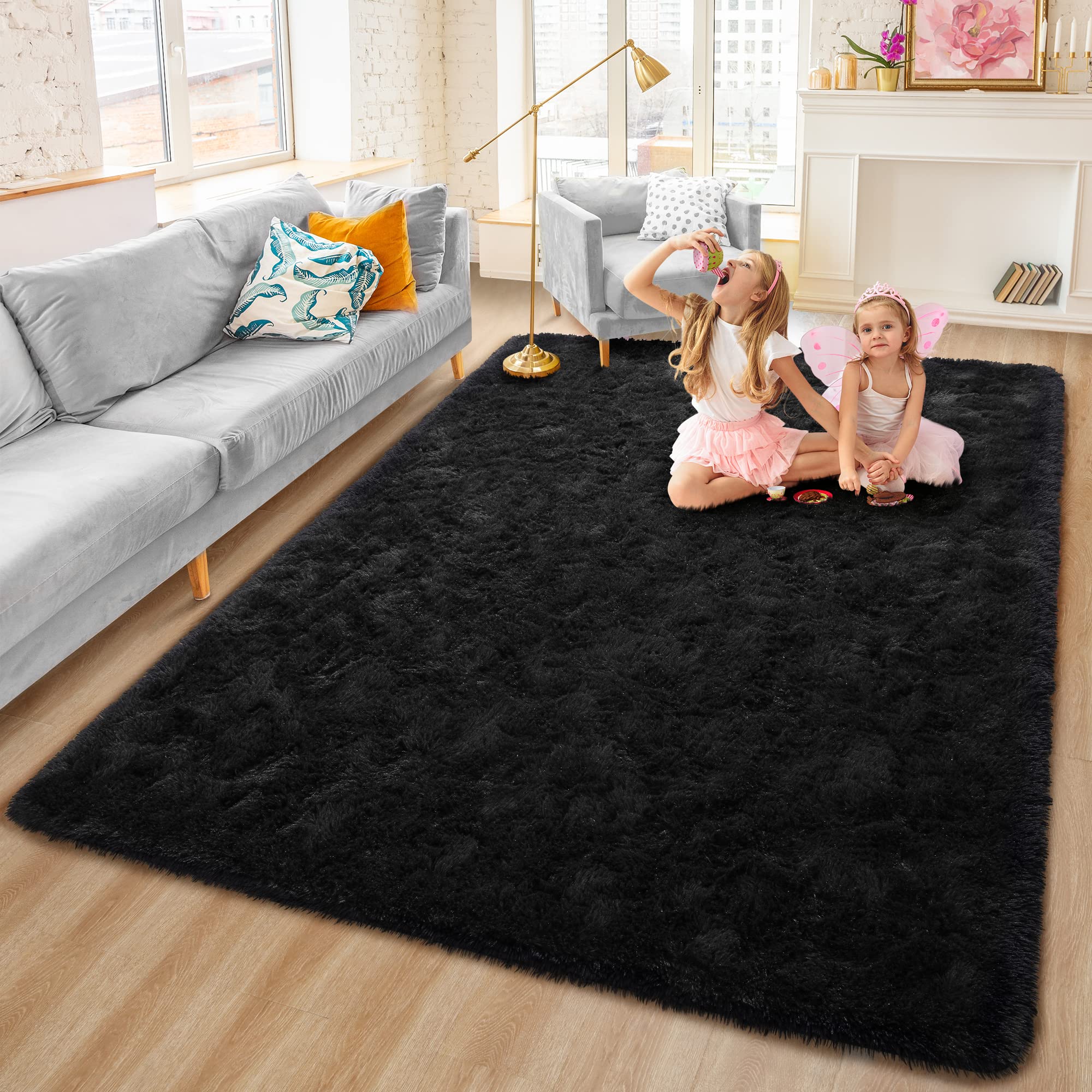 Rostyle Fluffy Black 4x6 Area Rugs for Bedroom,Shaggy Bedroom Carpet,Thick Rugs for Living Room,Fuzzy Dorm Rug,Soft Indoor Floor Rug for Kids Room Decor Aesthetic