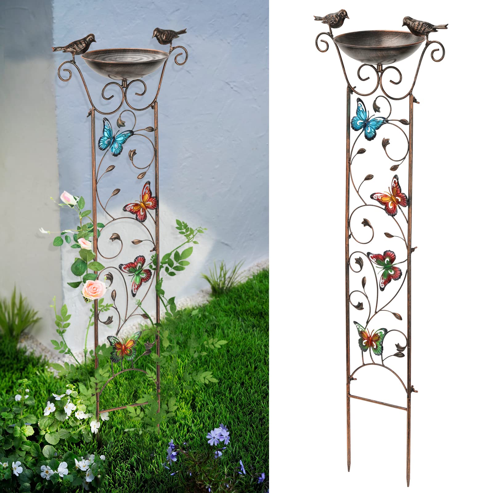 SUNNYPARK Bird Bath with Trellis Outdoor, Antique Garden Iron Trellis with Decorative Butterflies Detachable Bird Bowl Metal Potted Plants Support for Climbing Flowers