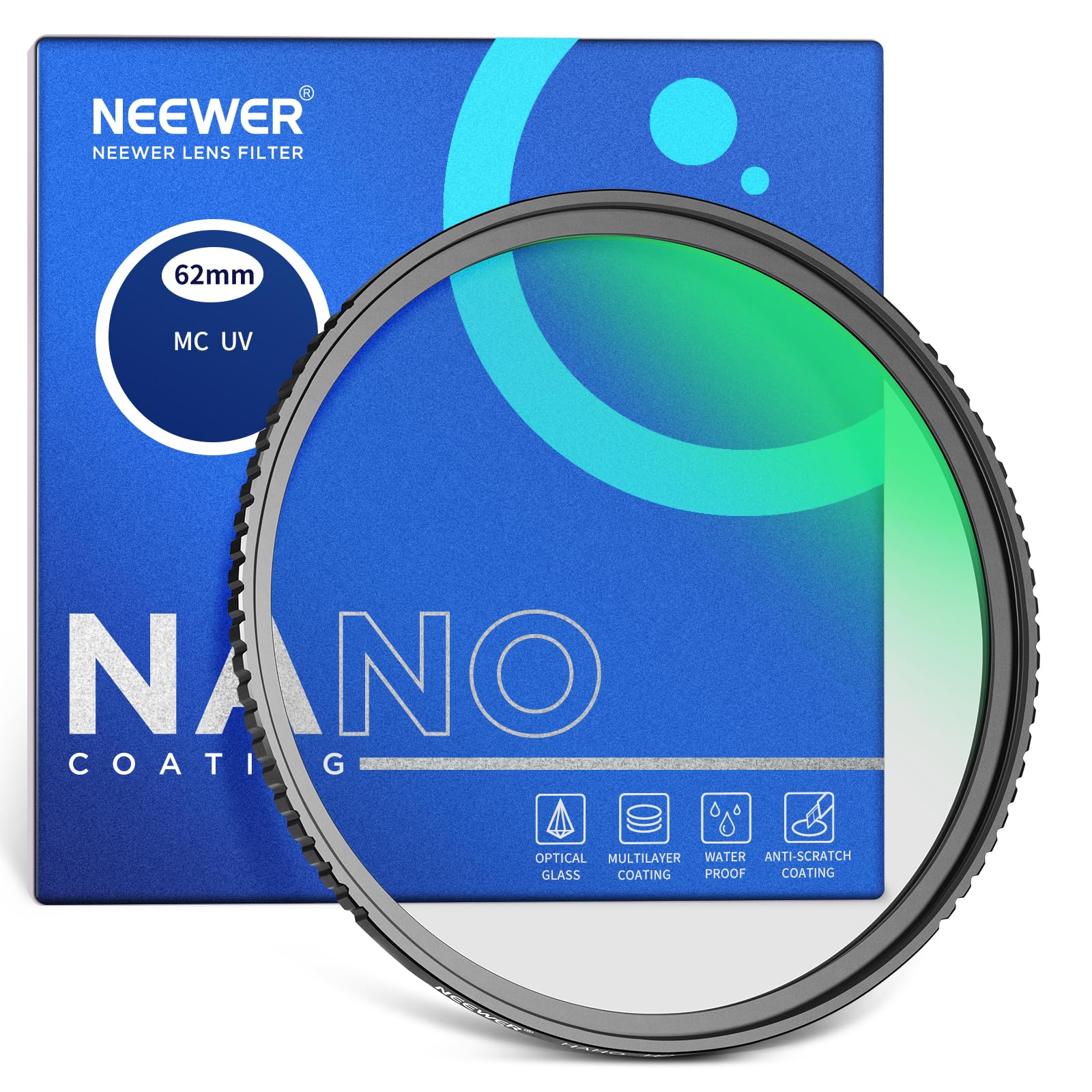 NEEWER 62mm MC UV Protection Filter 24 Layer Multi Resistant Nano Coatings/HD Optical Glass/Water Repellent/Scratch Resistant/Aluminum Alloy Ultra Slim Frame/Ultraviolet Filter