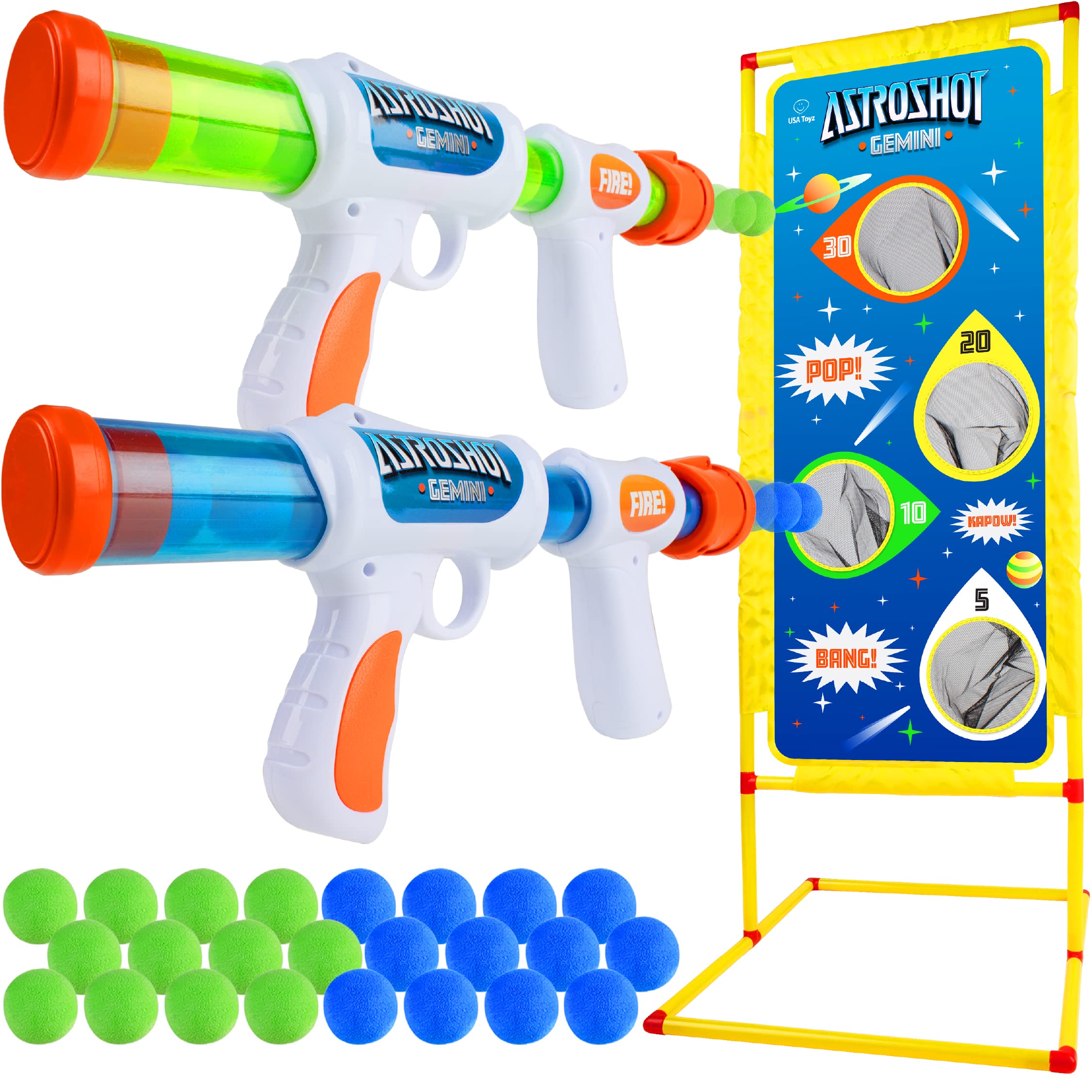 USA ToyzAstroshot Gemini Shooting Games for Kids - 2pk Soft Foam Ball Popper Toy Foam Blasters and Guns, 2-Player Toy Guns Set with Standing Shooting Target and 24 Soft Foam Balls