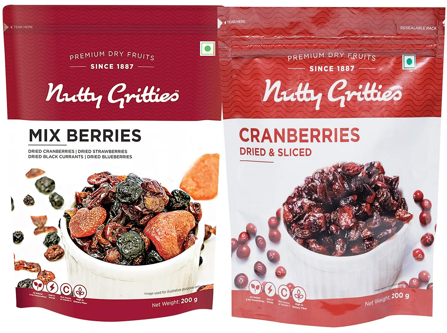 Nutty Gritties Mix Berries Cranberries Combo 400g(Mix Berries+Cranberries-200g each)