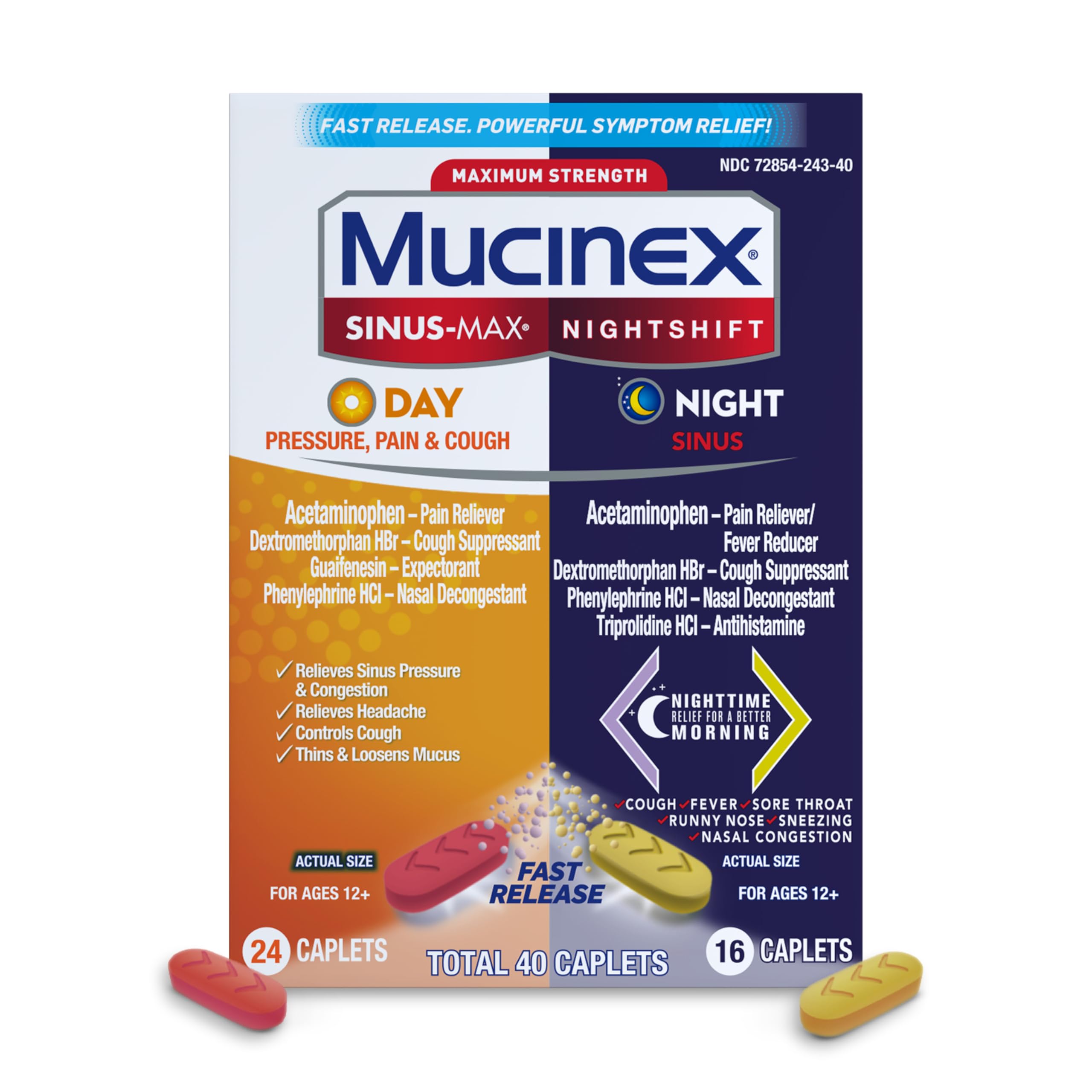 Mucinex Sinus-Max Day Pressure, Pain & Cough & Nightshift Night Sinus Medicine for Adults, Day/Night Combo Pack for Sore Throat Relief, Nasal Congestion Relief, Cough & Cold Medicines, 40 Caplets