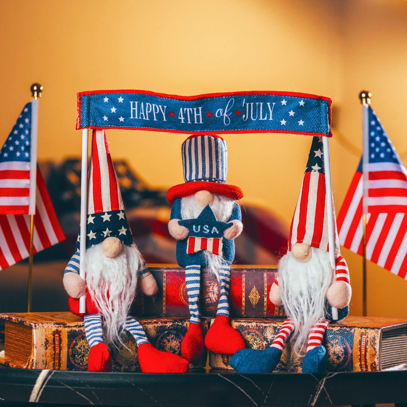 unanscre 4th of July Patriotic Gnomes Decorations - 3PCS Handmade Long Leg Gnomes Hold American Stars&Stripes&Flag Plush Elf Veterans Memorial Day Gift - Fourth of July Independence Day Table Ornament