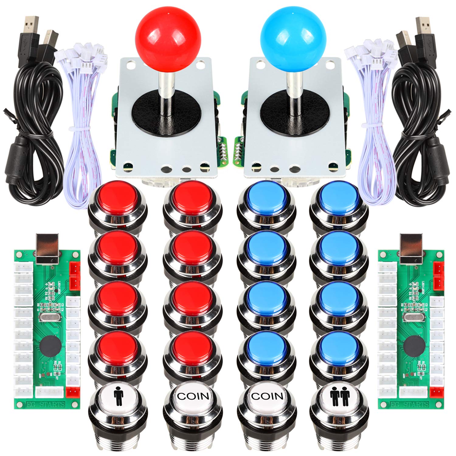 Fosiya 2 Player Arcade Joystick LED Chrome Buttons for PC Arcade Gamepads & Standard Controllers DIY Games MAME Kit (Chrome Red & Blue Buttons)