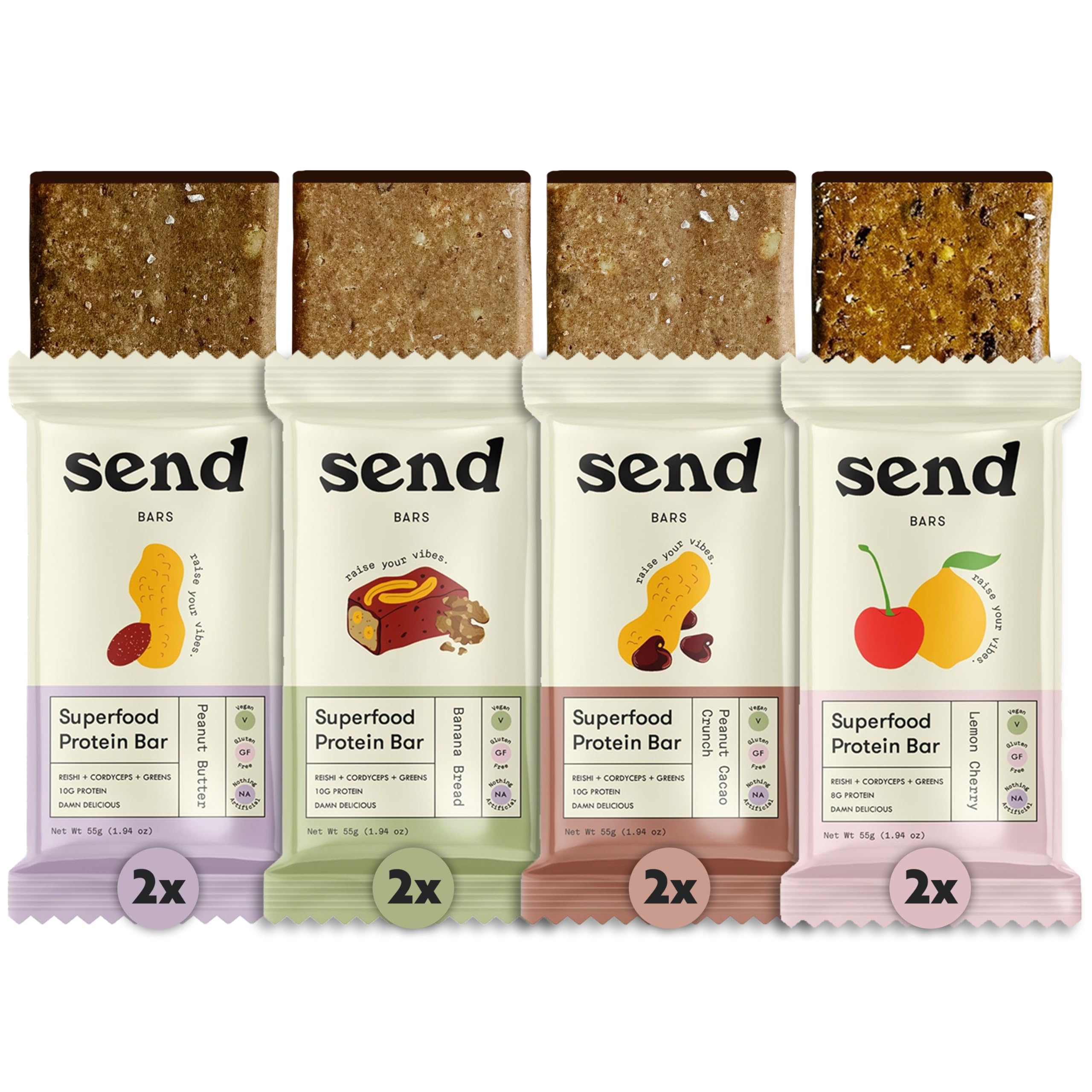 Send Bars Plant-Based Vegan Healthy Protein Bars, With Greens (The Full Send Variety Box, 8 Bars) – Lemon Cherry (x2), Peanut Butter (x2), Banana Bread (x2), Peanut Cacao Crunch (x2)