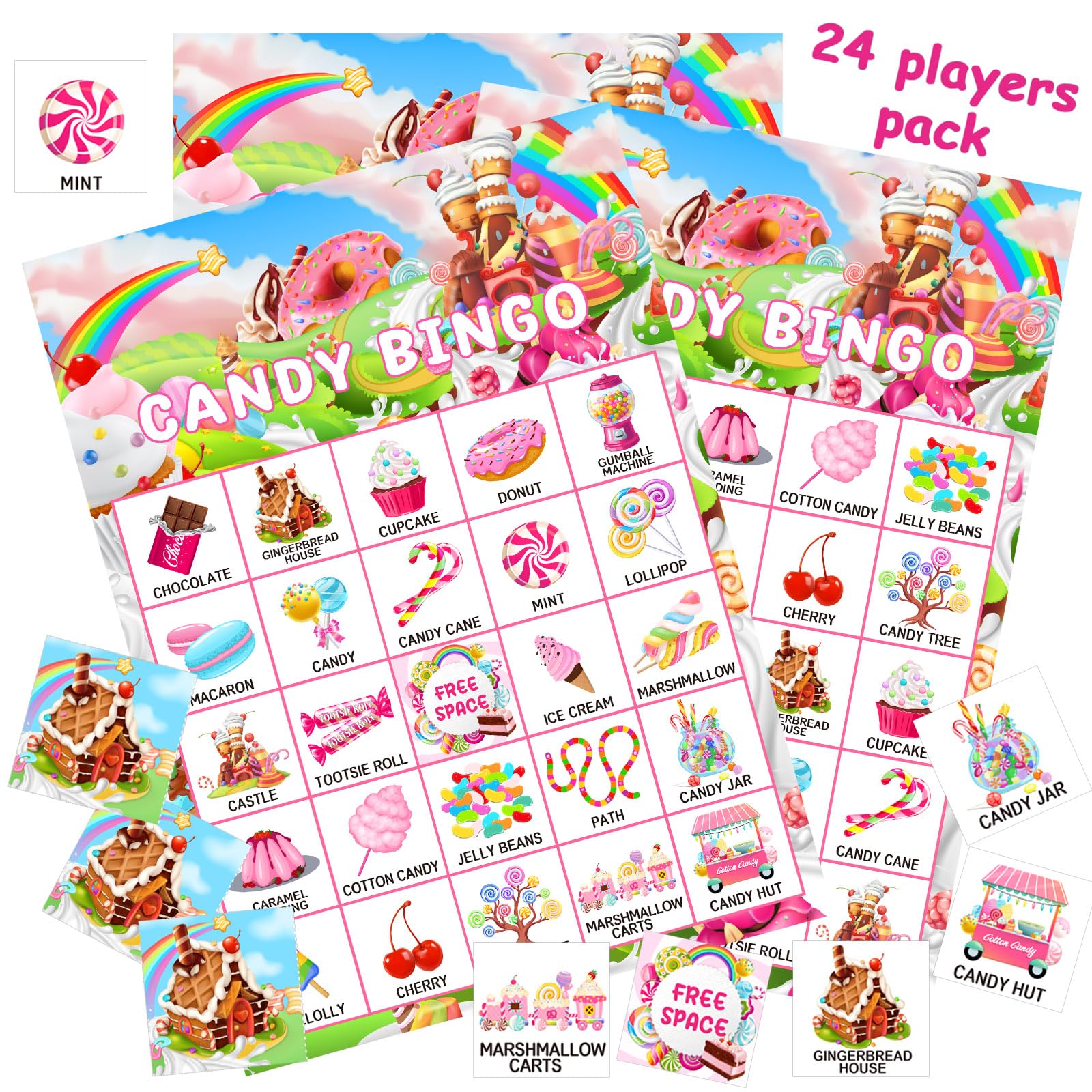 Shappy35 Pieces Candy Party Bingo Games 24 Players Candyland Party Favors Candy Land Ice Cream Donut Lollipop Bingo Cards for Sweet Birthday Theme Party Games Gifts Supplies