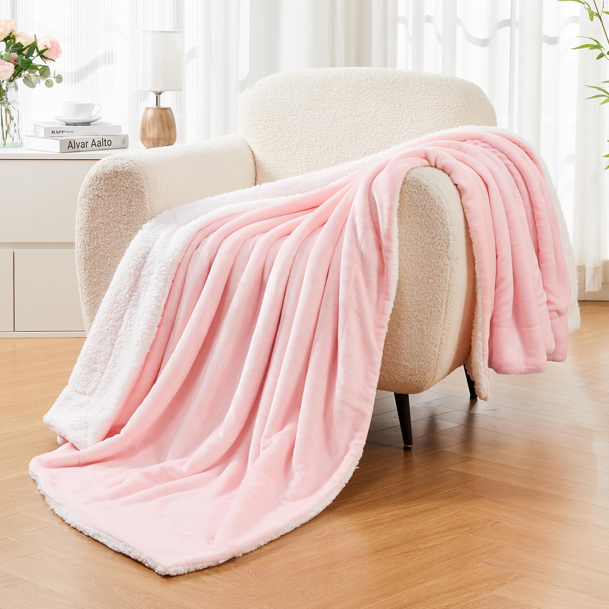 Andency Pink Sherpa Fleece Twin Blanket for Couch - Girls Soft Warm Thick Blankets Twin Size for Winter, Plush Reversible Throw Blanket for Bed Sofa, 60x80 Inches