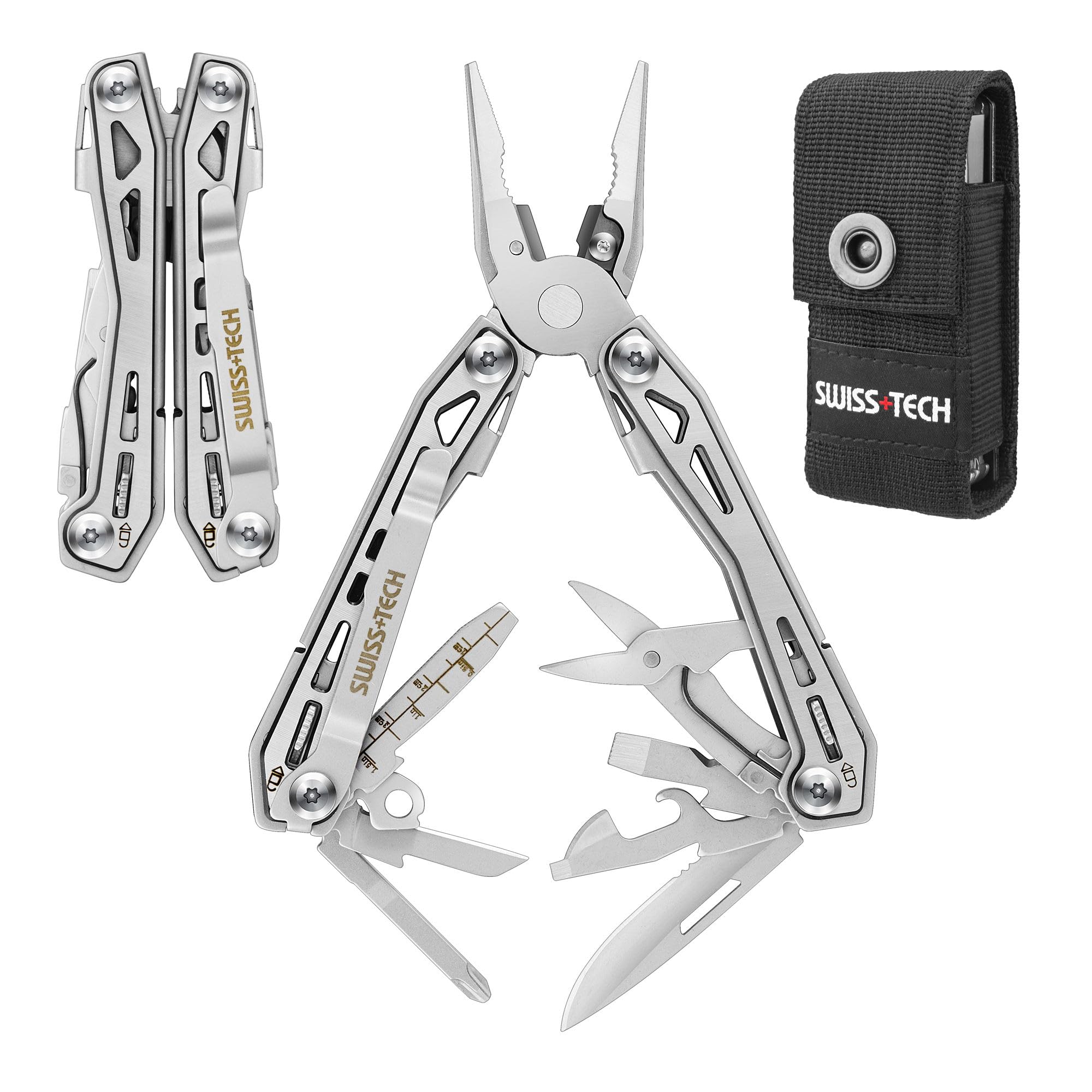 Swiss+Tech Multi-Tool 16 in 1, Multitool Pliers, Stainless Steel Multifunctional Tool with Wire Cutter, Bottle Opener, Screwdriver, Belt Clip for Camping Maintenance, Camping Multi-Tool with Carry Bag