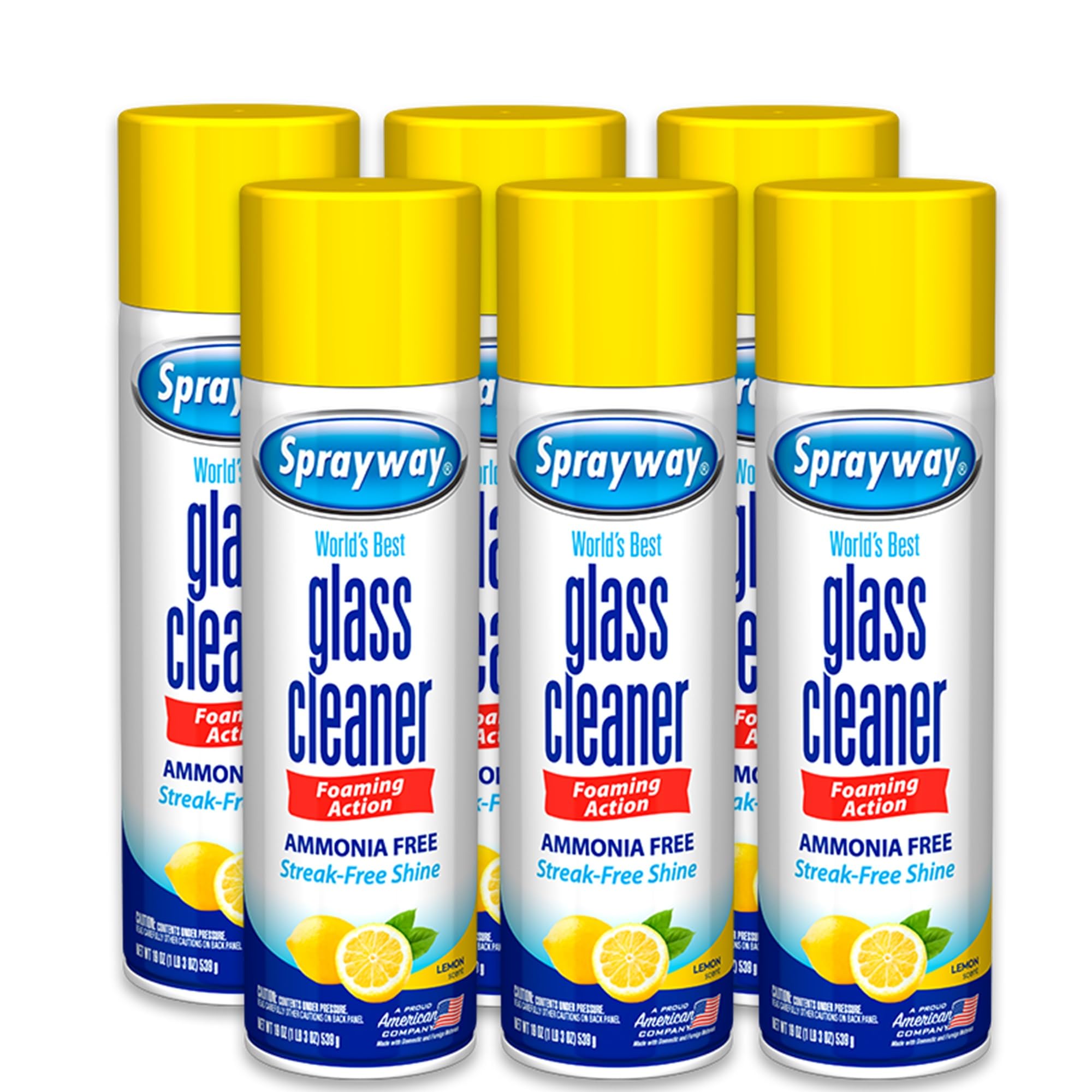 SpraywayGlass Cleaner Lemon Scent Foaming Aerosol Spray, 19oz, Pack of 6 | Ammonia-Free, Streakless, Fast-Acting | Cleans & Polishes Glass Surfaces | Removes Fingerprints, Dust, Dirt, Smoke Film