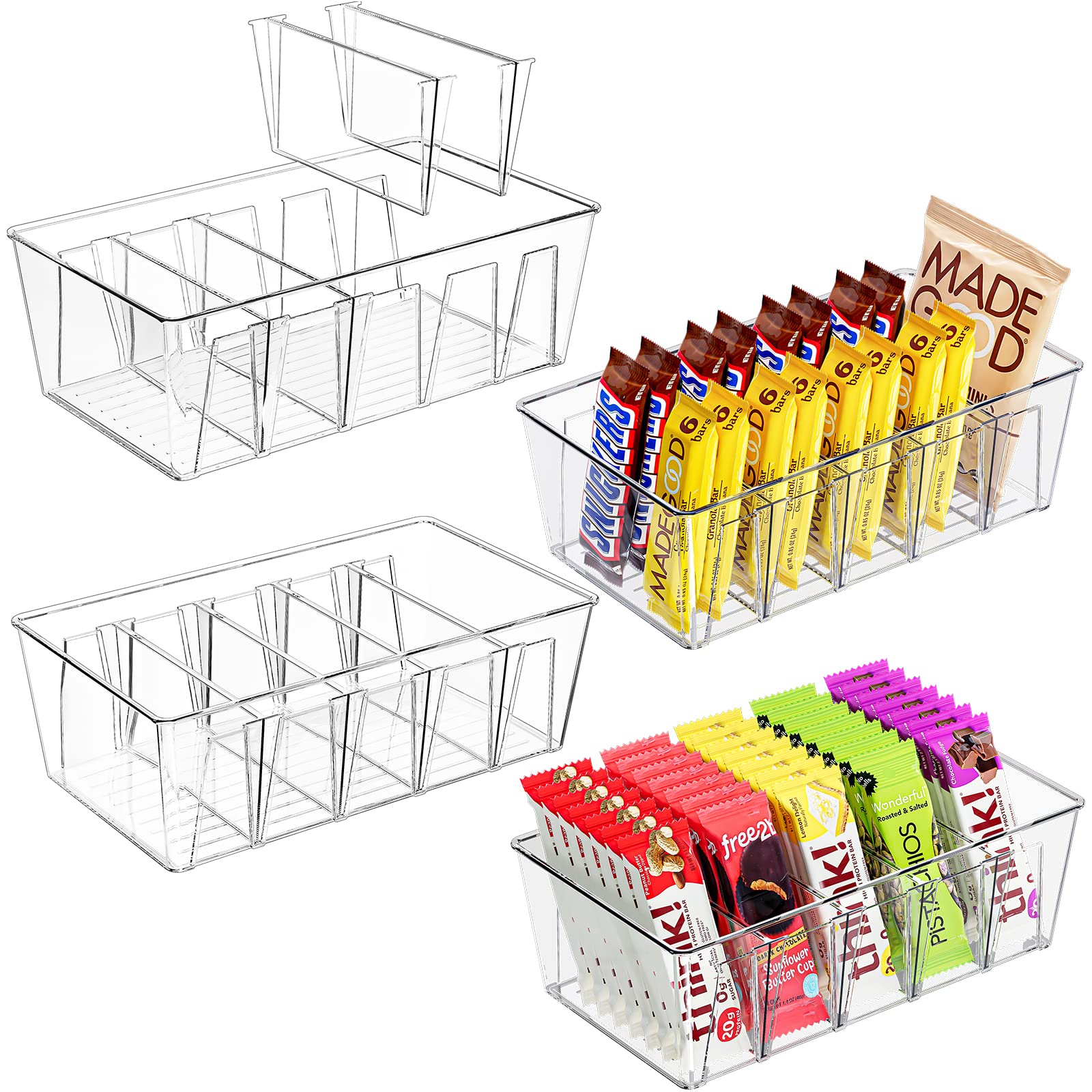 Puricon 4 Pack Pantry Organization and Storage Bins for Kitchen Fridge Countertop Cabinet, Stackable Clear Plastic Storage Racks with Removable Dividers, 5 Compartments for Snacks Packets Spices