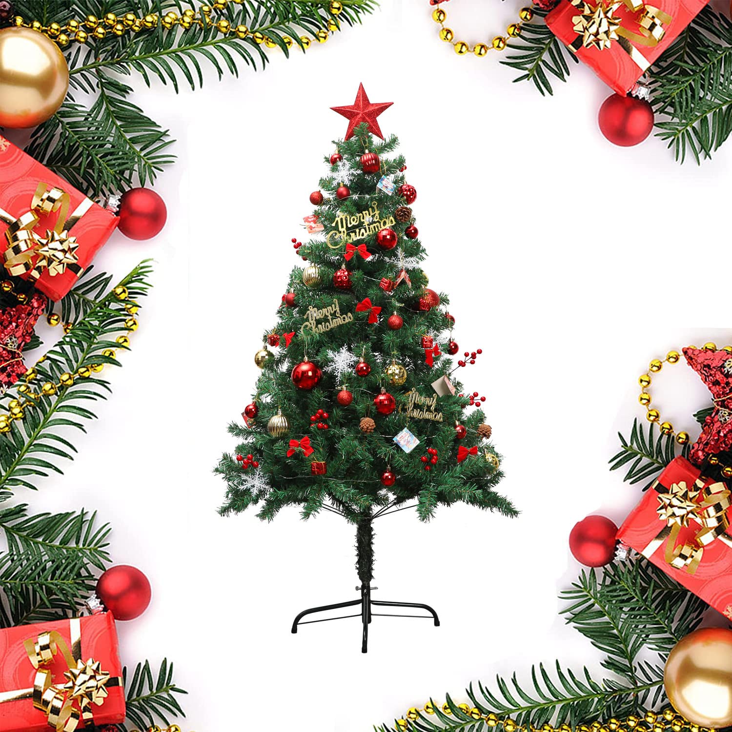 1.8M Artificial Christmas Tree With Christmas Xmas Pine Christmas Tree Stand Holiday Decoration Slim Ornamental Tree Flocked Snow Xmas Decoration Christmas Pine Tree For Home Party