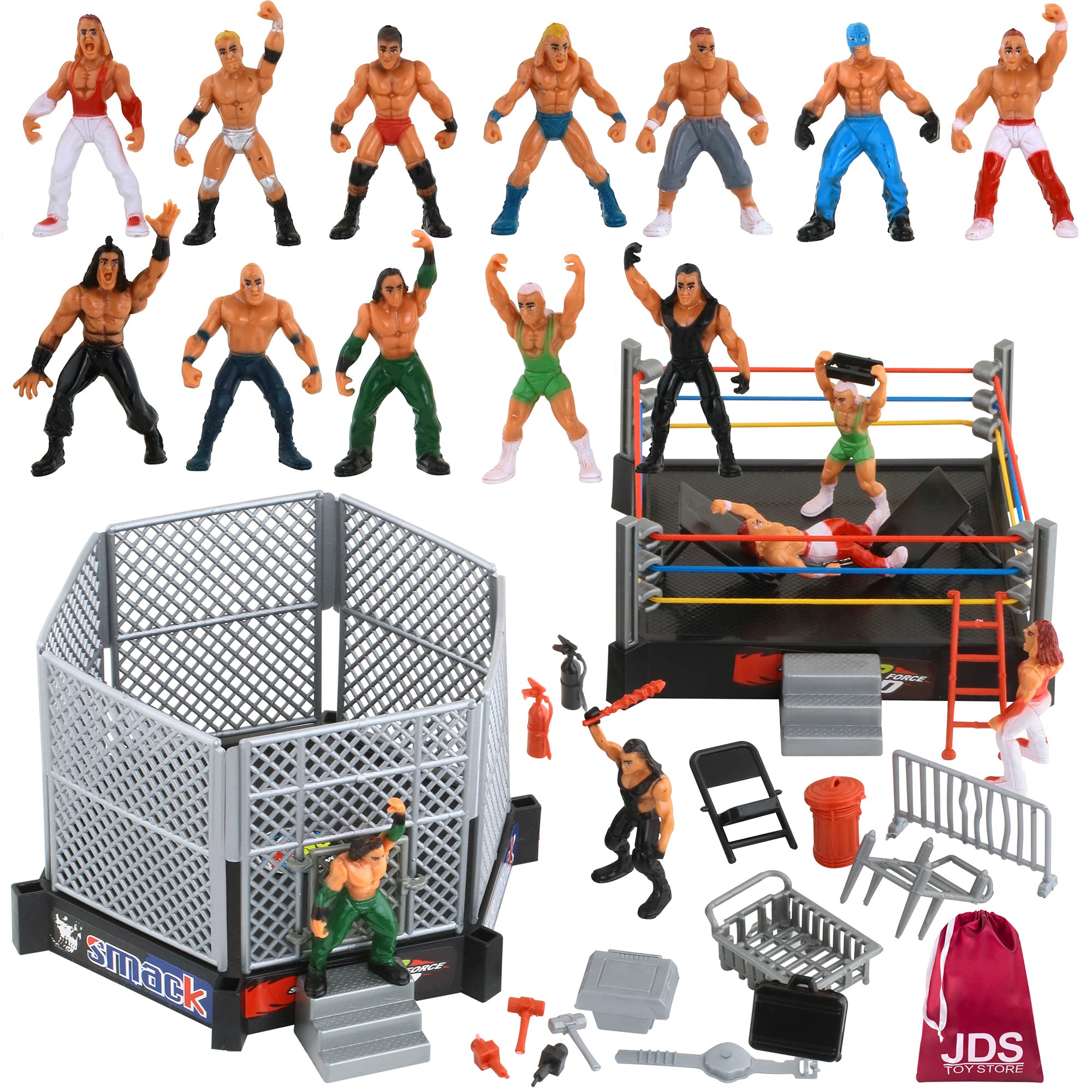 32-Piece Mini Wrestling Playset with Action Figures and Accessories - Kids Toy with Realistic Wrestlers - 2 Rings Included