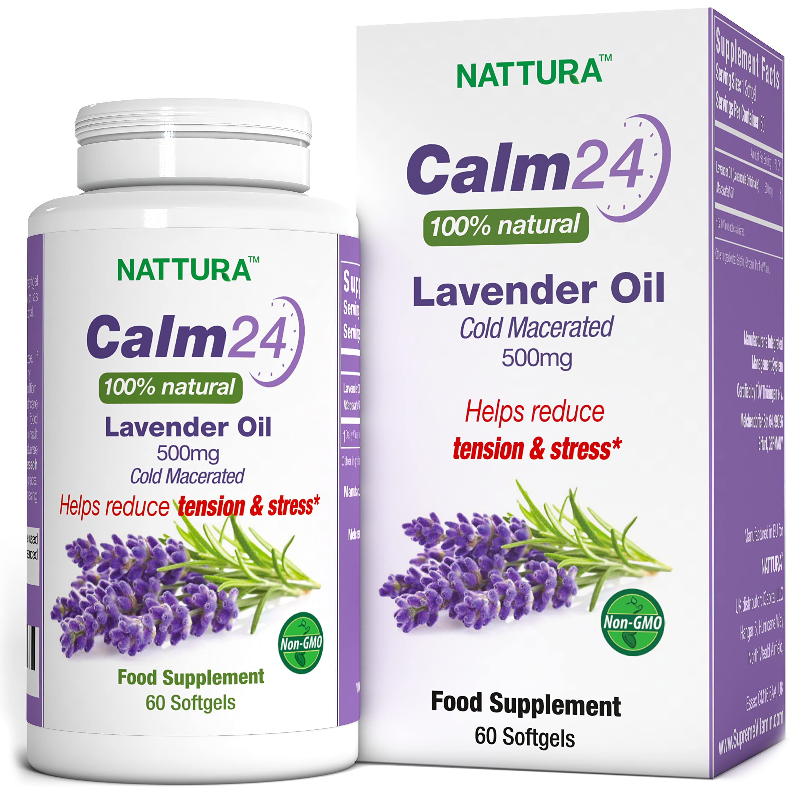 Nattura Calm Aid Lavender Oil Pills - 500mg - 60 Softgels - 100% Natural, Helps Reduce Stress, Calming for Body & Mind, Non-GMO, Certified Kosher