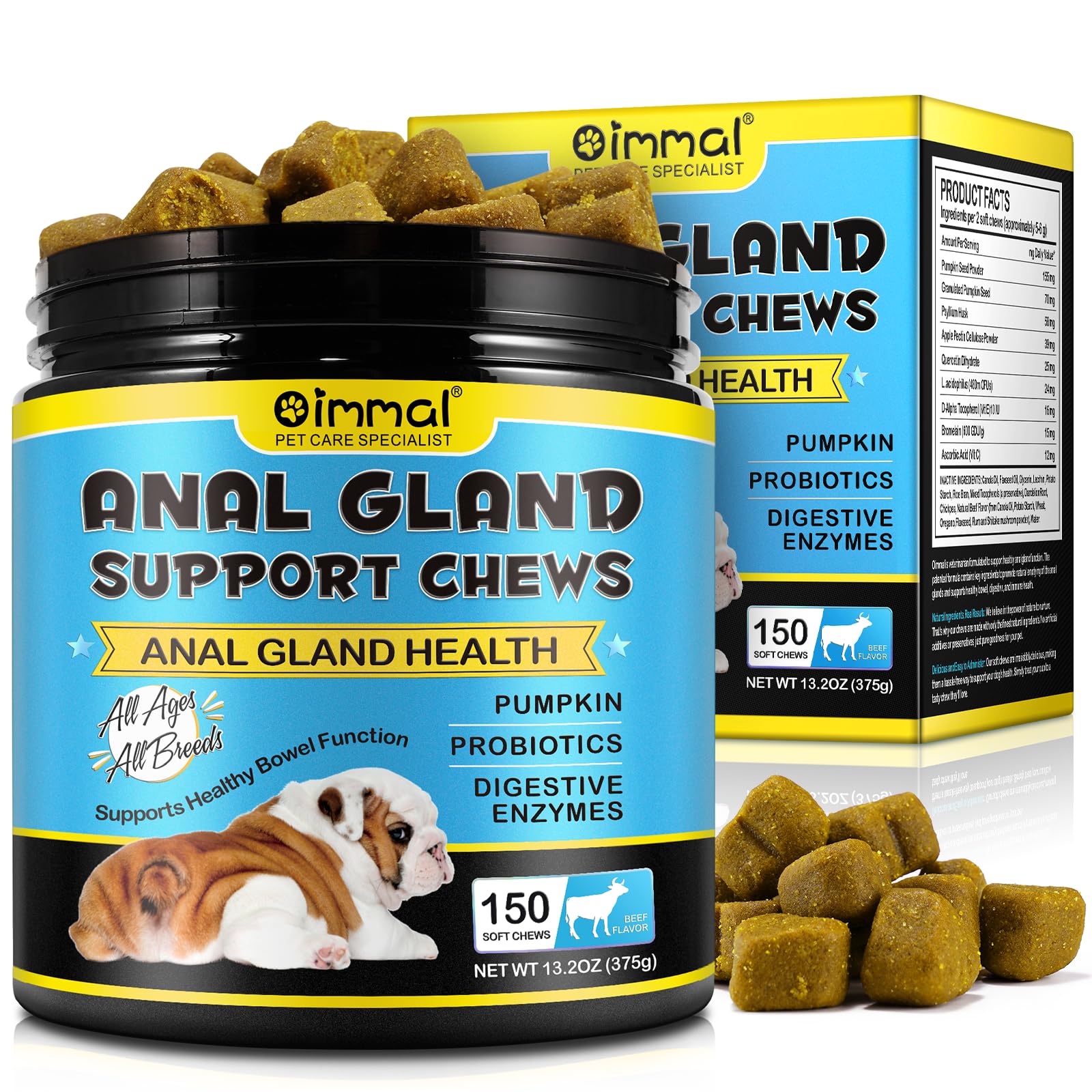 Anal Gland Soft Treatment For Dogs, Functional Digestive Fiber Treats with Digestive Enzyme & Probiotics- For Dogs Gut Health- 150 Dog Chews