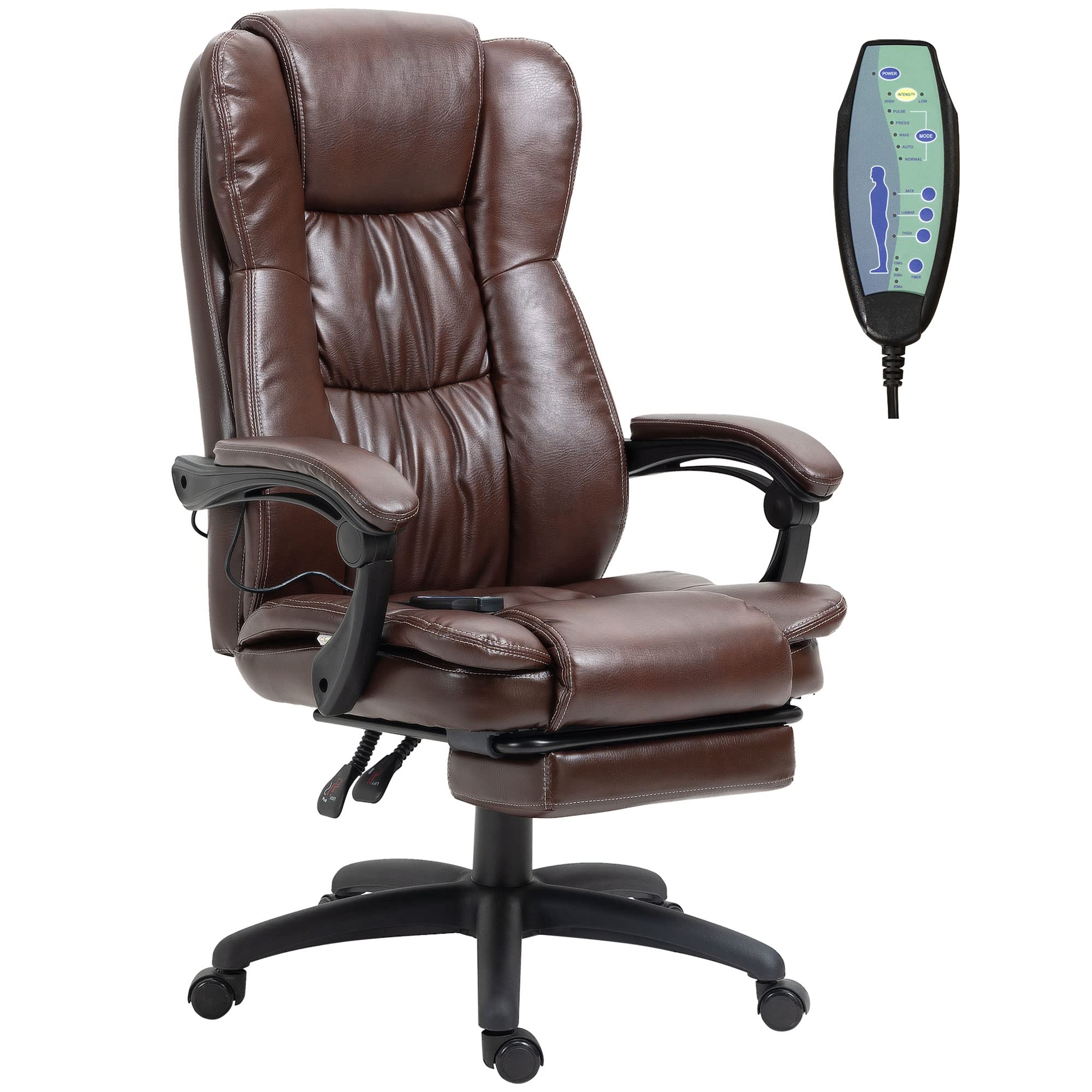 Vinsetto High Back Massage Office Chair with 6-Point Vibration, 5 Modes, Executive Chair, PU Leather Swivel Chair with Reclining Back, and Retractable Footrest, Brown