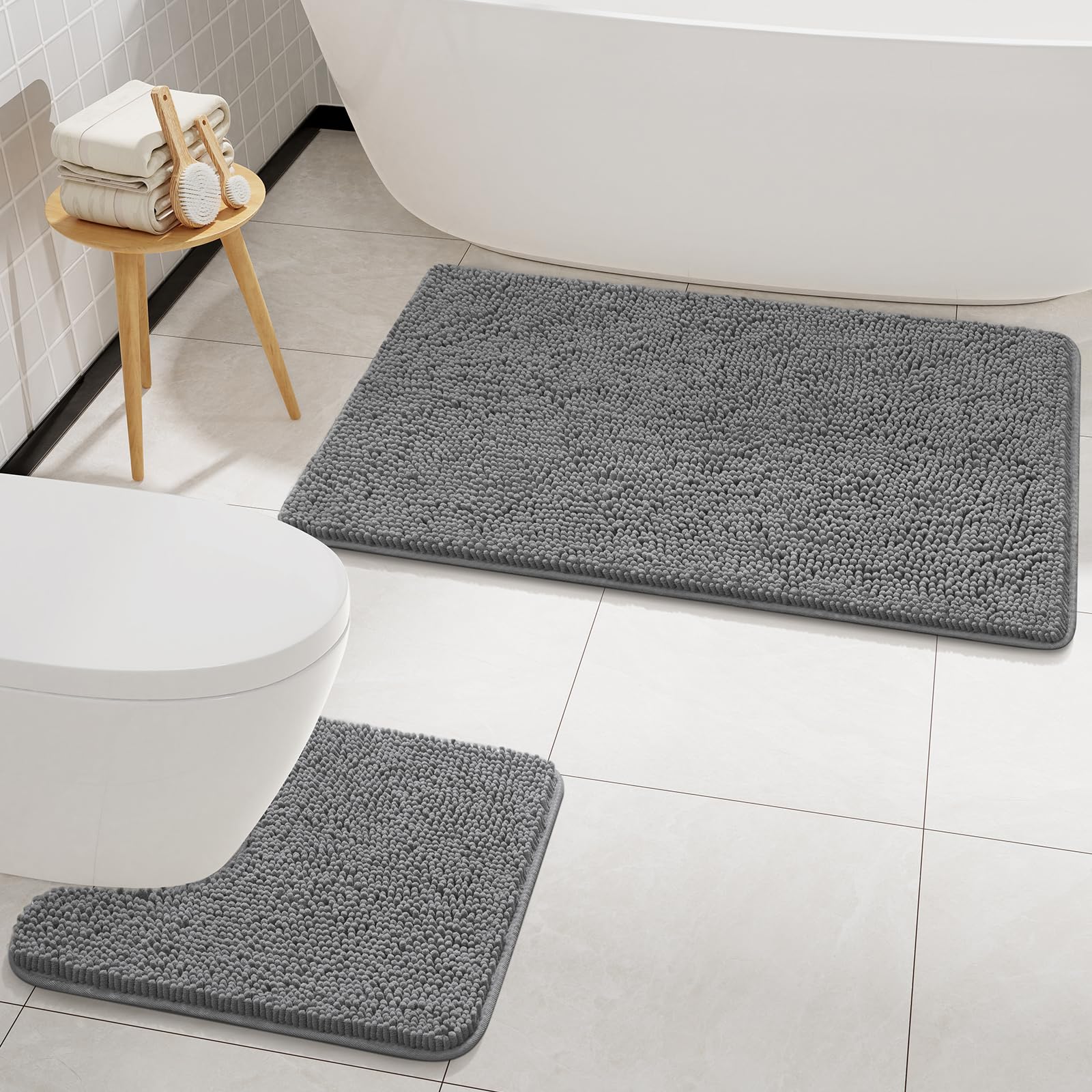 LOCHAS Bathroom Rugs Sets 2 Piece, Soft Non Slip Bath Mat Set, 20''x20'' U-Shaped Toilet Rug and 34''x21'' Grey Bathroom Rugs, Washable Absorbent Chenille Toilet Rug Set for Bathroom, Shower, Sink