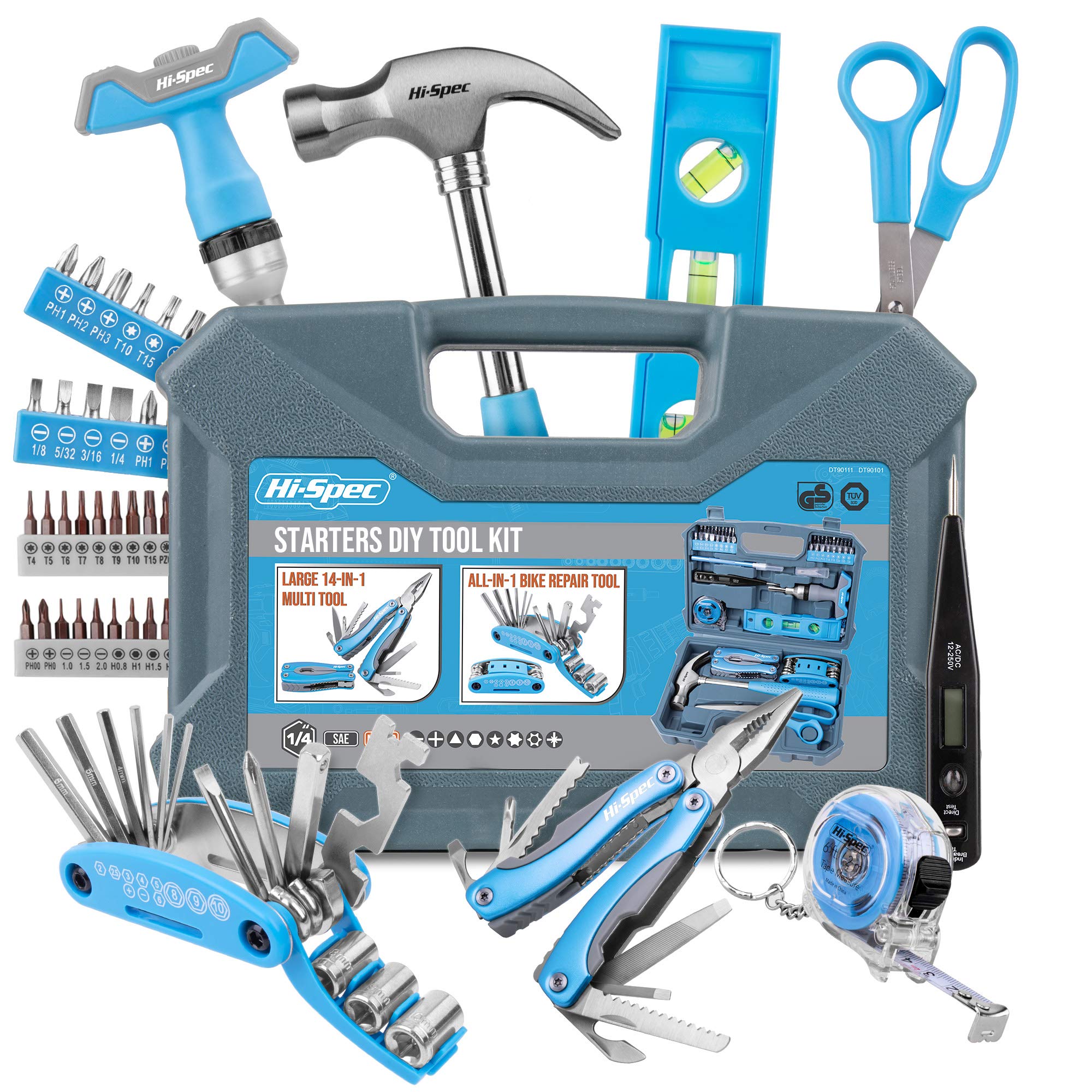 Hi-Spec 48pc Starters Basic DIY Blue Tool Kit Set With 2 Bike & Camping Outdoor Multitools for Home, College Dorm & Travel