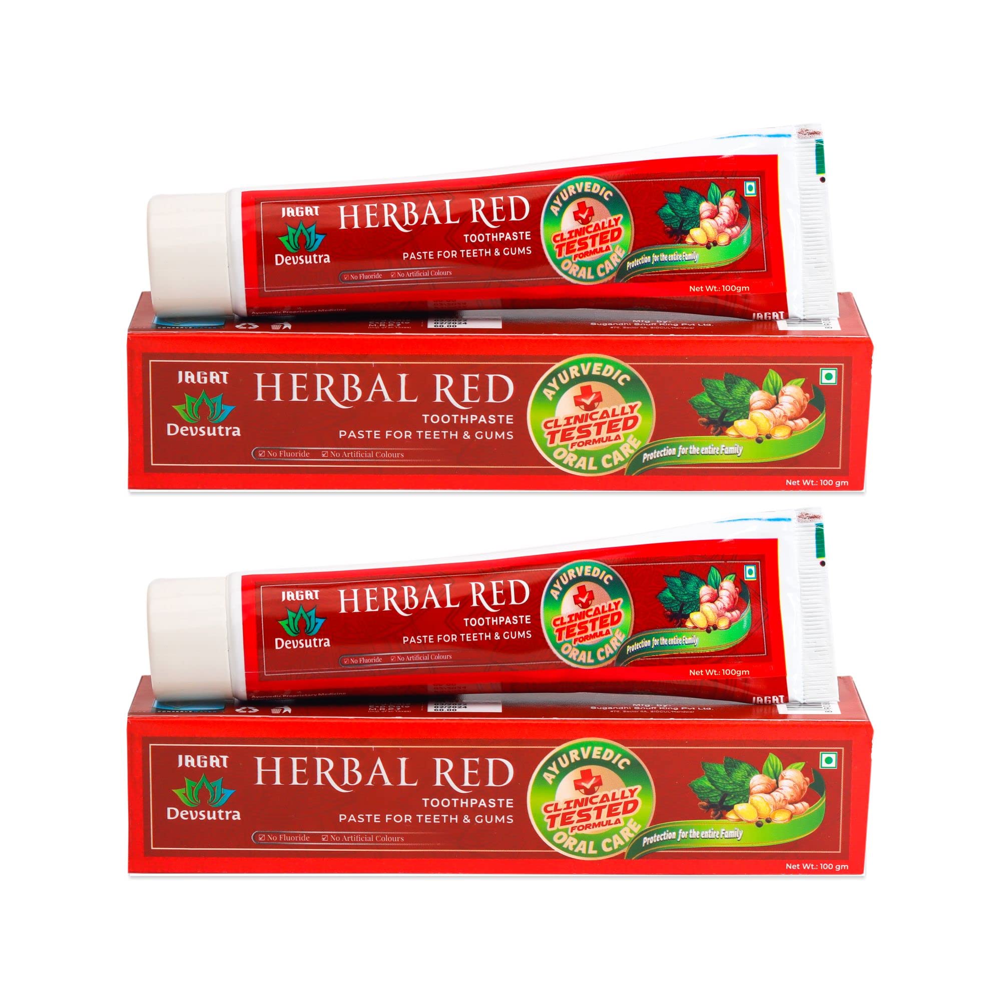 JAGATDevsutra Dr. Trusted Ayurvedic HERBAL Red Toothpaste for Teeth Whitening & Cold Breath - 100% Natural Formula, No Fluoride & Artificial Colours - Pack of 2 (100g x 2)