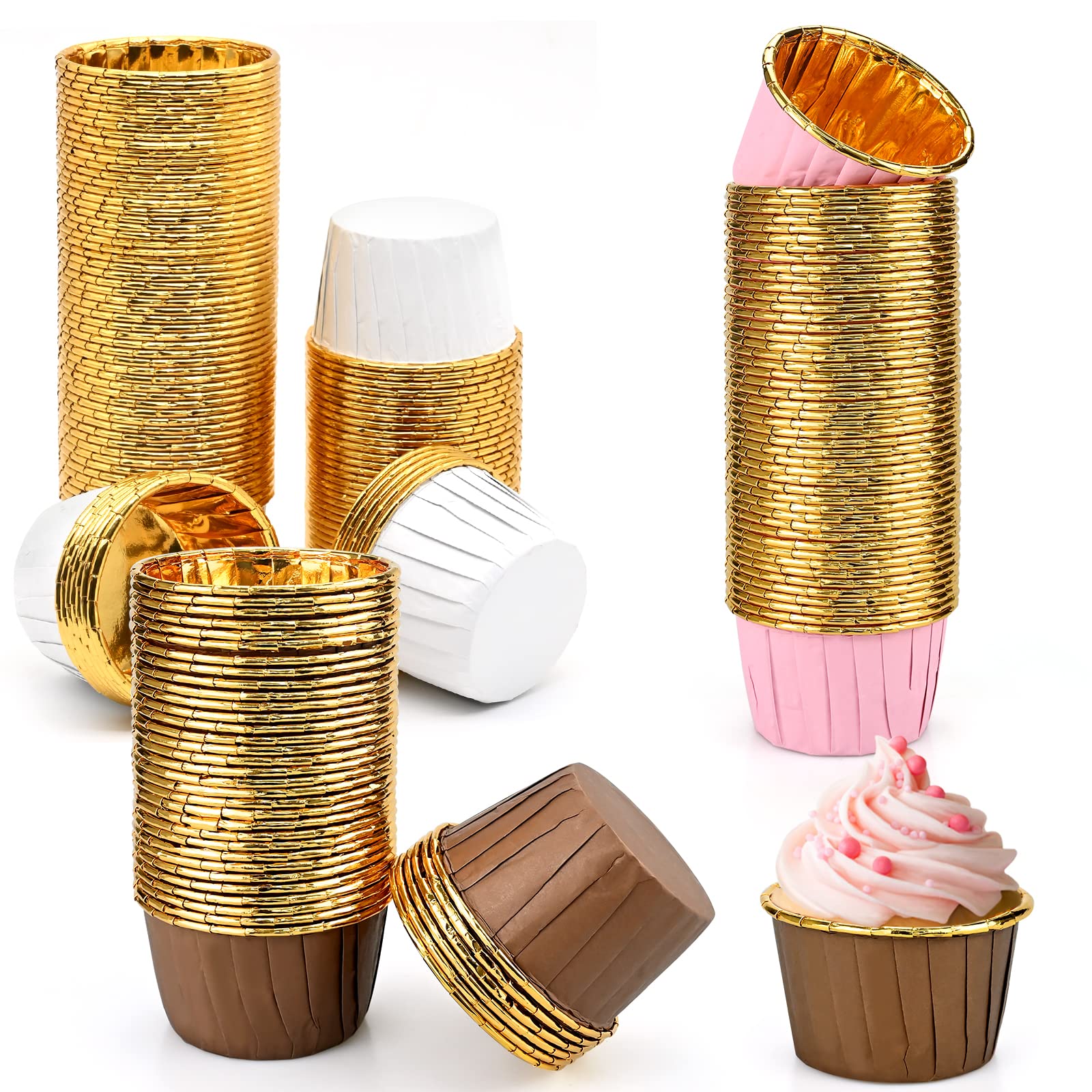 150Pcs Cupcake Cases, Foil Baking Cups Paper Wrappers, Cake Muffin Liners, Standard Paper Baking Cups for Christmas Birthday Wedding Holiday Party Muffins Pastry Molds (White/Coffee/Pink)