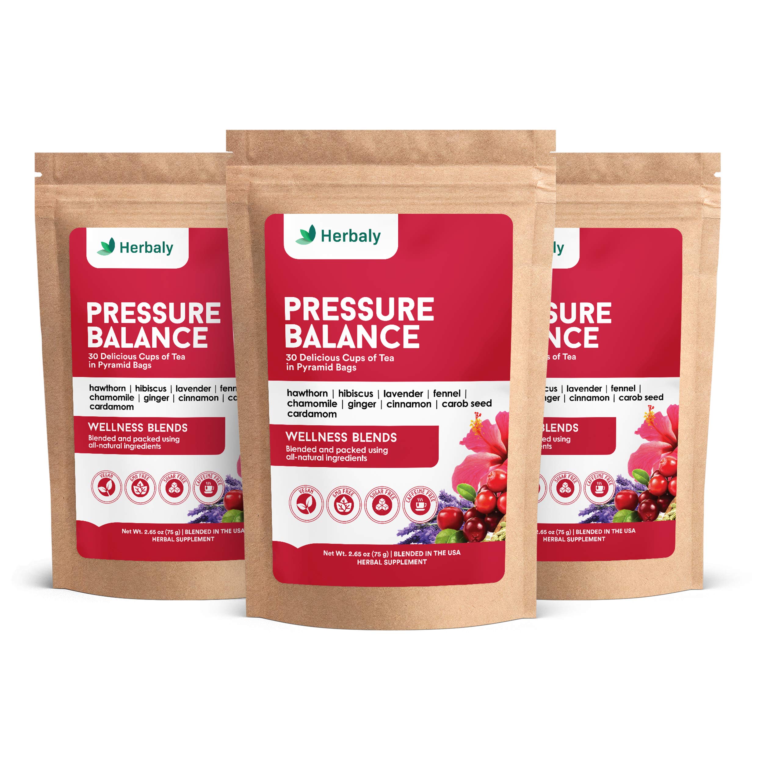 Herbaly Pressure Balance Tea - 9 Superherbs - Natural, Organic, Non-GMO, Caffeine-Free, Sugar Free - 3 Pack, 90 Pyramid Tea Bags