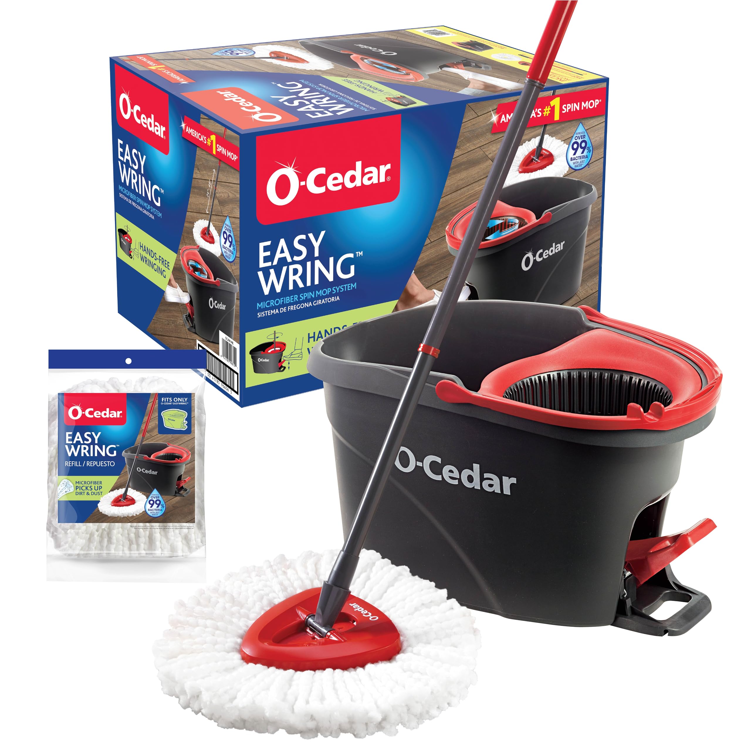 O-Cedar Easywring Microfiber Spin Mop & Bucket Floor Cleaning System With 1 Extra Refill