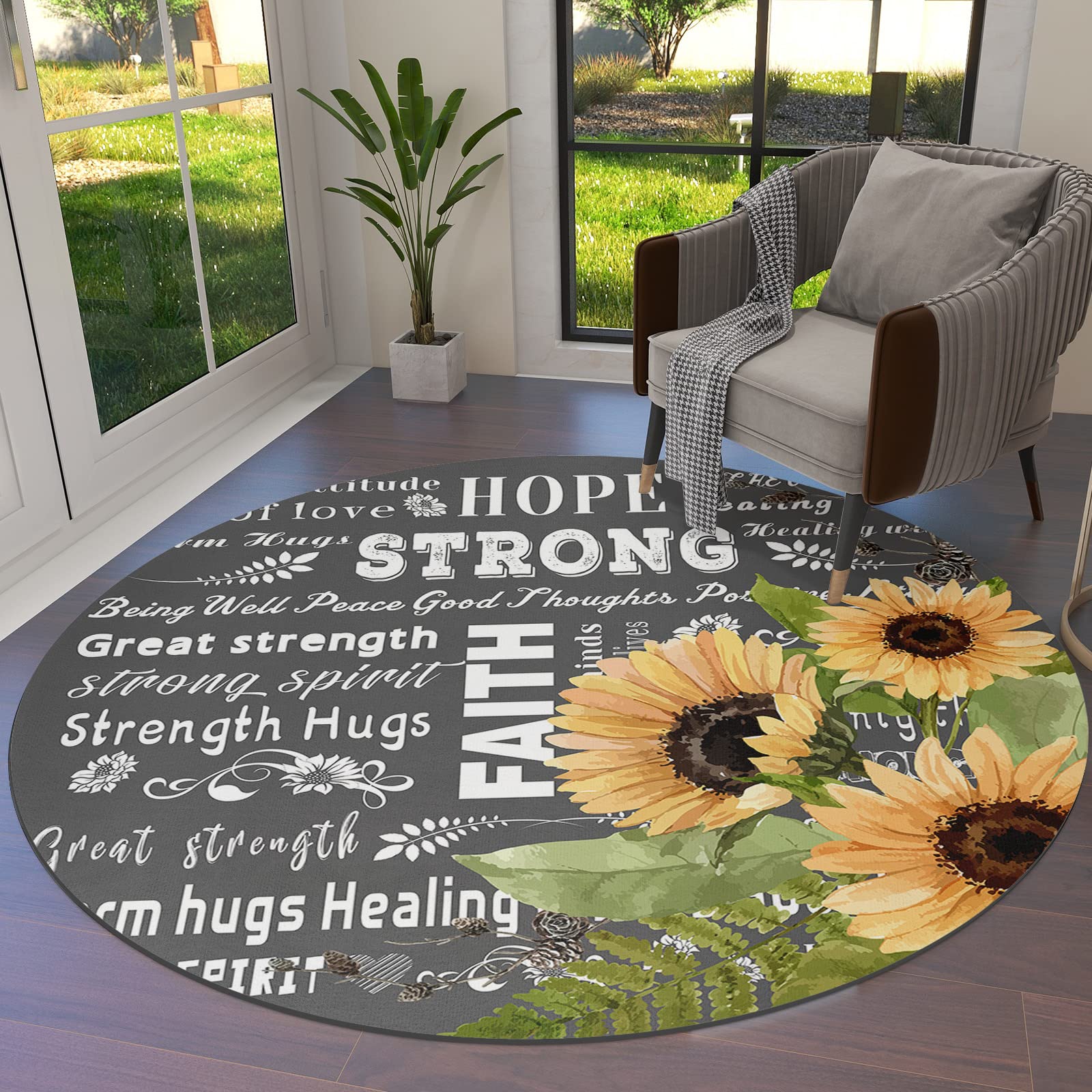 Round Area Rug 3ft Watercolor Sunflower Floor Carpets Washable Indoor Floor Area Mat Stain-Proof Mat Non-Skid Rugs for Living Room Dining Kitchen Bedroom Nursery, Inspire Words Healing Grey Rug