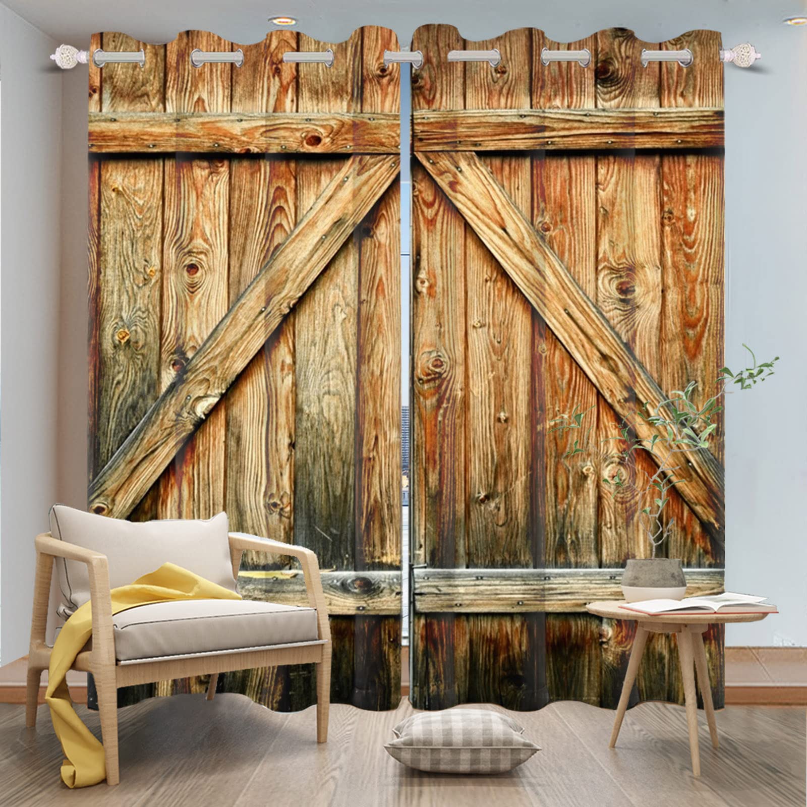 DORCEV Closed Door Barn Door Curtains Rustic Vintage Wood Door Wooden Plank Window Curtains Farmhouse Countryside Living Room Kitchen Curtains Drapes Treatments Grommets Top,52x84 inch，2 Panels