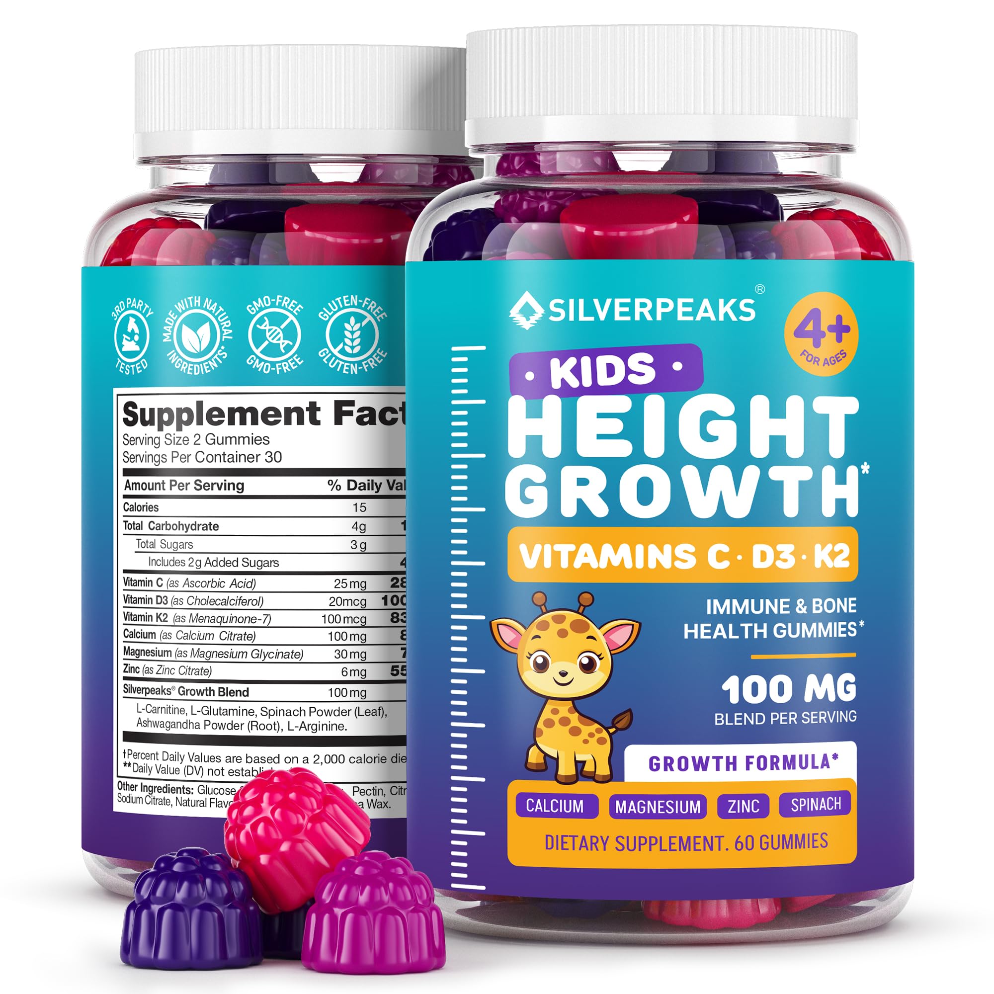 Height Growth Gummies for Kids - Growth Vitamins for Teens Height Growth Supplement - Height Growth for Kids with Calcium, Vitamin D, C, K2, Magnesium & Zinc - Natural Height Growth Maximizer - 60 PCS