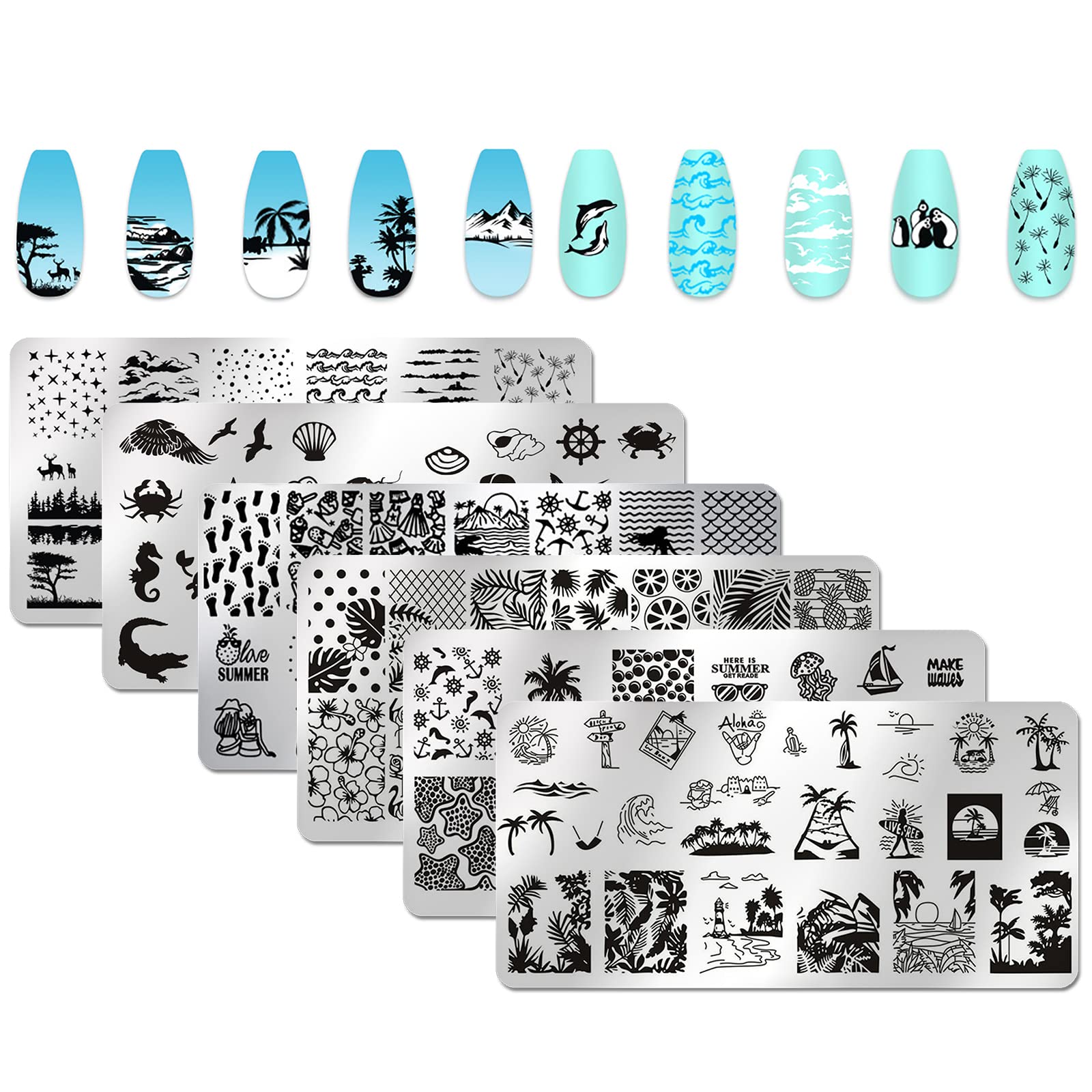 XEAOHESY 6pcs Seaside Scenery Nail Stamping Plate Nail Stamping Kit for Nails Summer Beach Coconut Trees Sunset Waves Sea Animals Image Plates Nail Stamper Kit Nail Stamping Plates for Nails