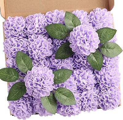 N&T NIETING Hydrangea Artificial Flowers Dahlia Fall Decorations 25pcs Lavender Faux Flowers Decor White Fake Roses w/Stem for DIY Wedding Decor Centerpieces Arrangements Bouquets, Lavender