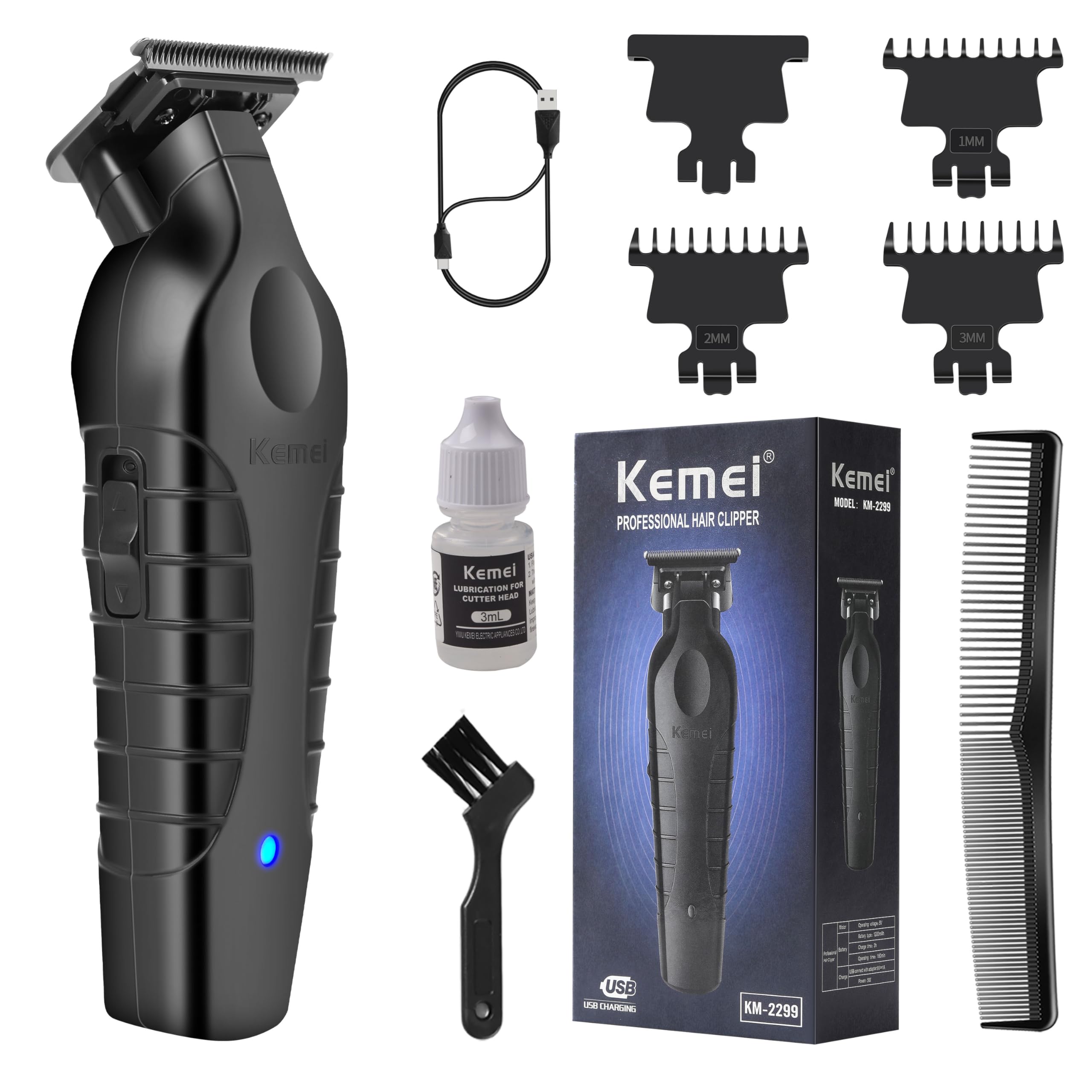 KEMEI2299 Professional Hair/Beard Trimmer for Men Zero Gapped Hair Clippers for Barber with T Blade, Cordless Rechargeable