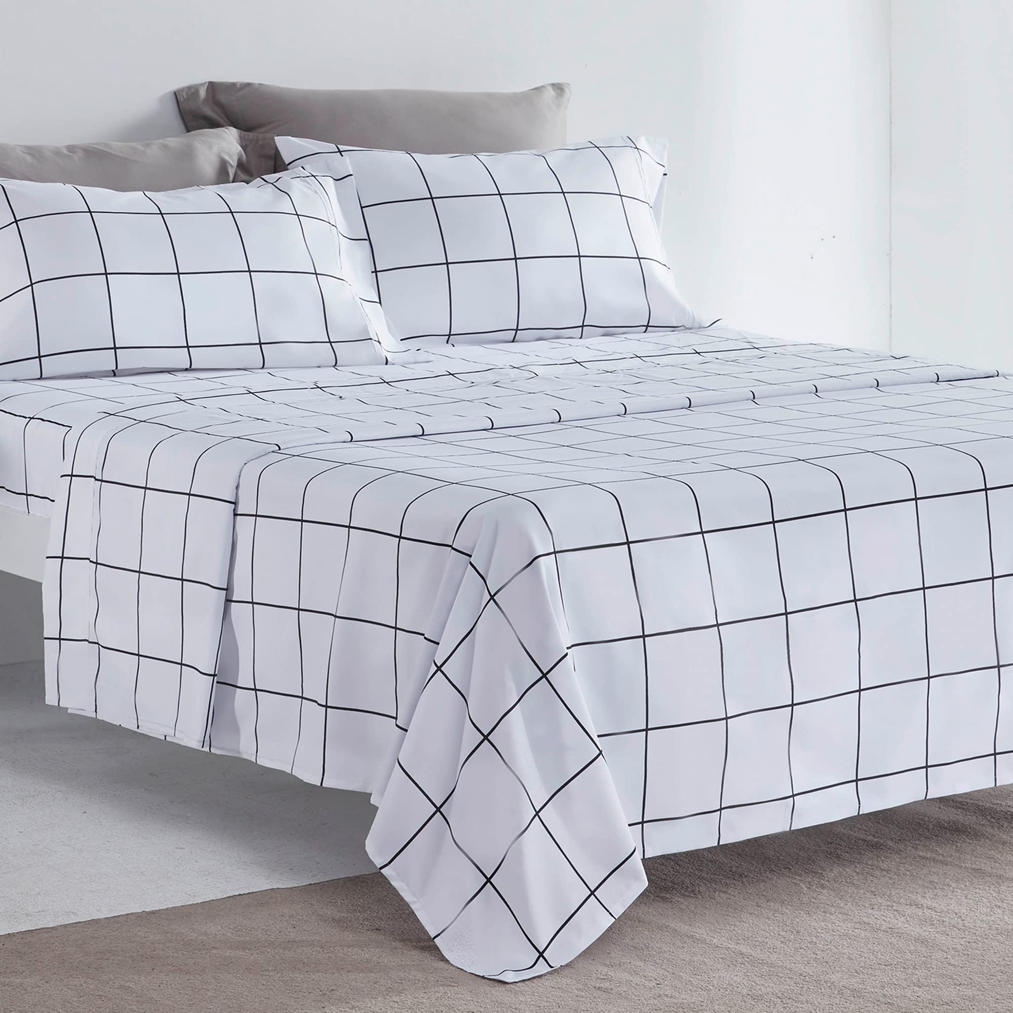 SLEEP ZONE Printed Plaid Full Size Sheet Set 4 Piece - Double Brushed Microfiber Super Soft Breathable Bedding Sheets with 16 inch Deep Pocket (Black Grid Printed on White)