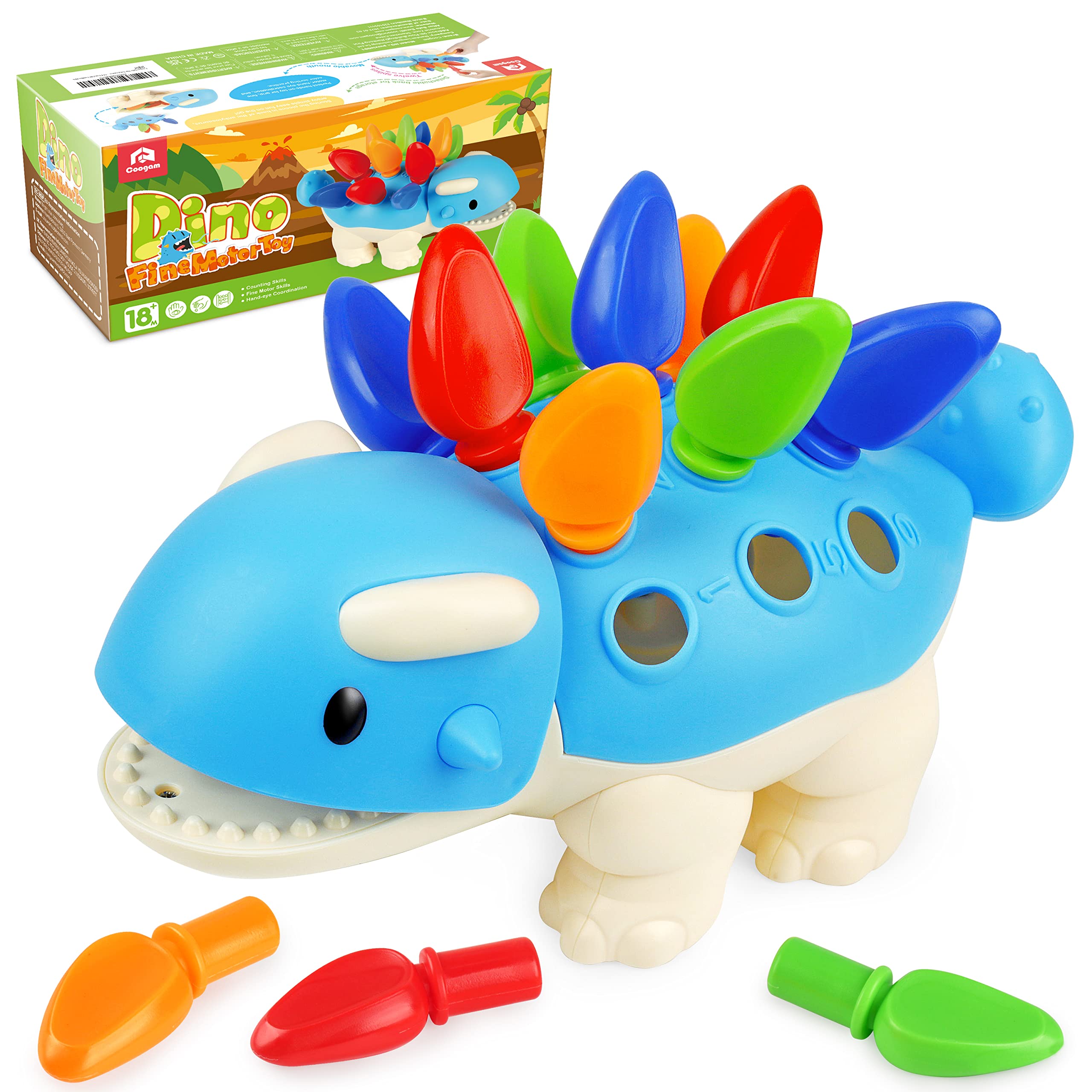 Coogam Dinosaur Fine Motor Skills Toy, The Ankylosaurus Toys 13 Pcs, Sorting Stacking Dinosaur Color Recognition Montessori Educational Gift Game for Year Toddler