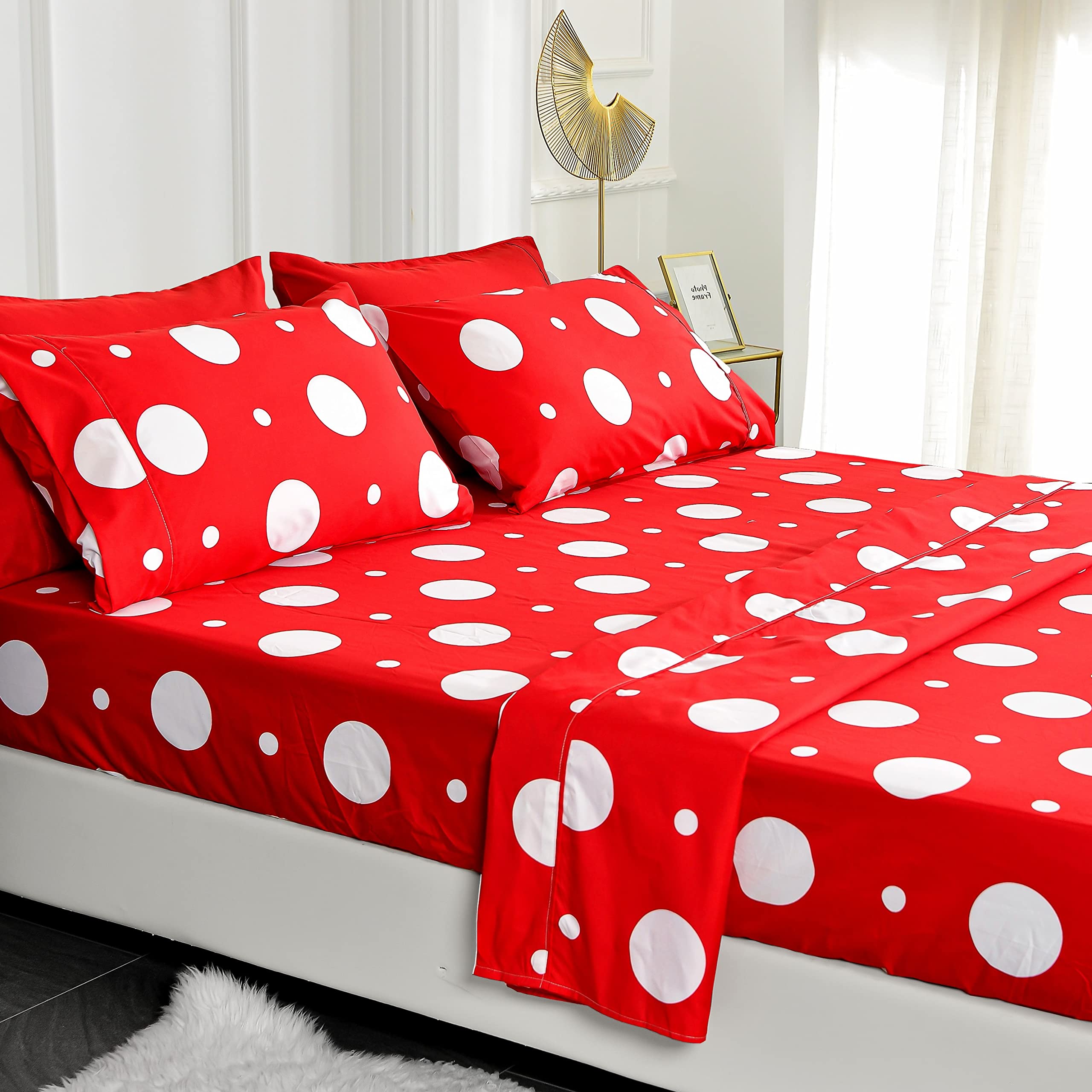 American Home Collection 6 Piece Print Bedding Sheets & Pillowcases Set - 14 Inches Deep Pocket - Double Brushed Microfiber Bedsheets for Extra Soft - Wrinkle Resistant (Full, Red Polka Dot)