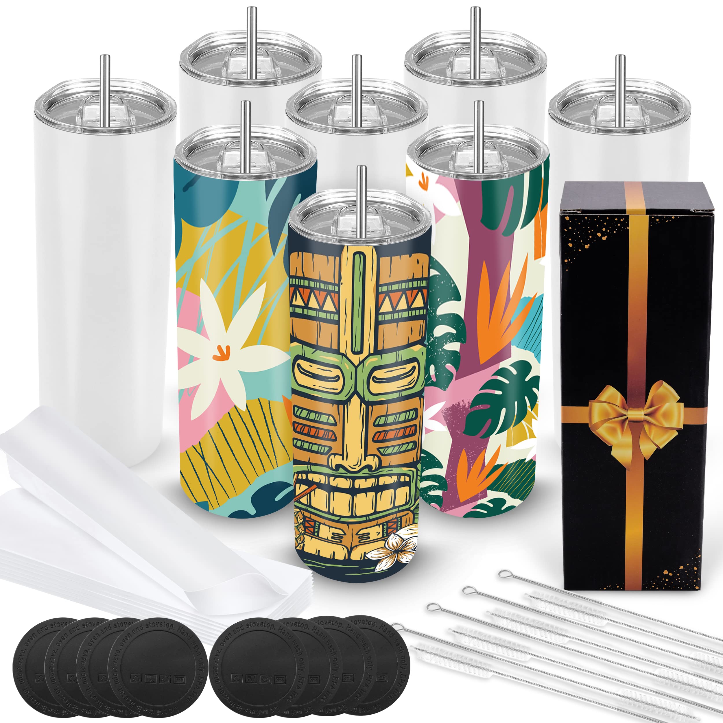 Joyclub 8 Pack Sublimation Tumblers Blank 20 oz Straight Skinny Bulk for Heat transfer, Double Wall Insulated Cups with Lids, Straw, Rubber Bottoms, Individually Gift Boxed and Shrink Wrap Films