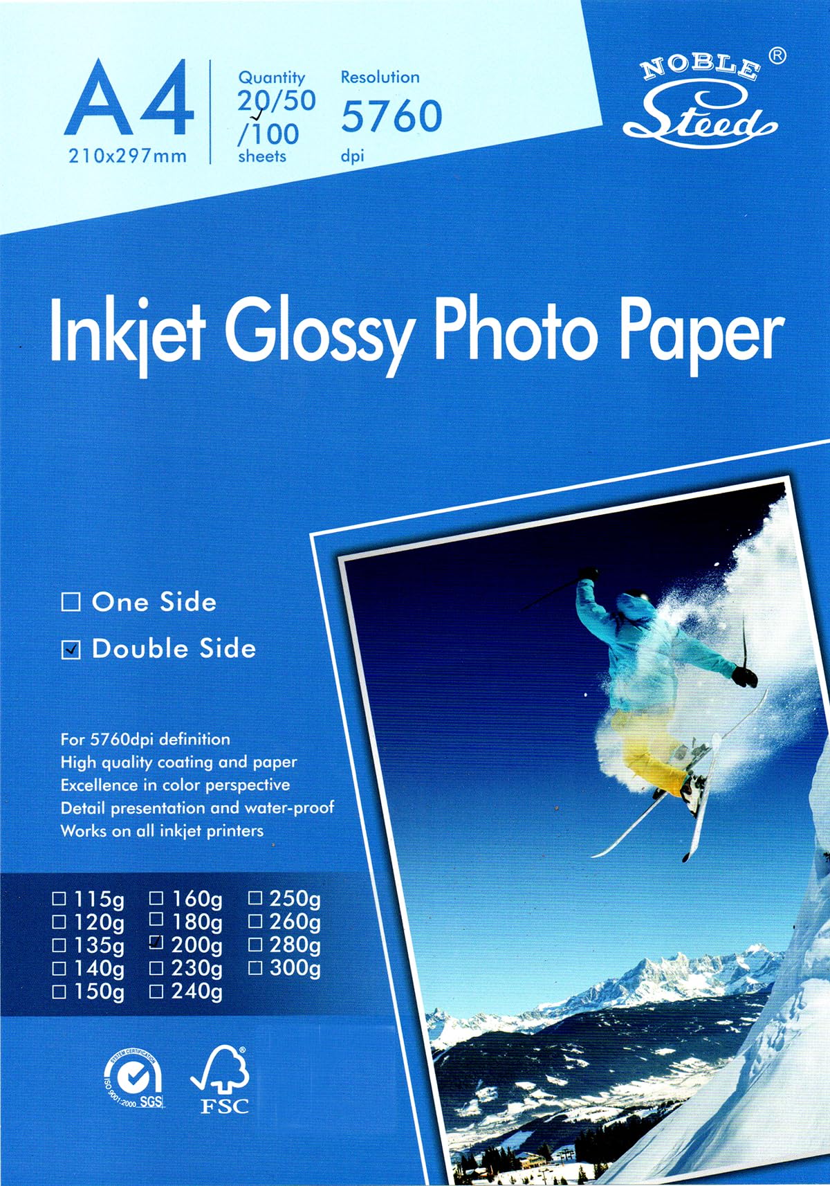 NOBLE Steed Inkjet Glossy Photo Paper Double Side Resolution 5760dpi, Size-A4, 20 Sheets 200gsm-Much better finish colors Best Look Pictures print for all inkjet printer