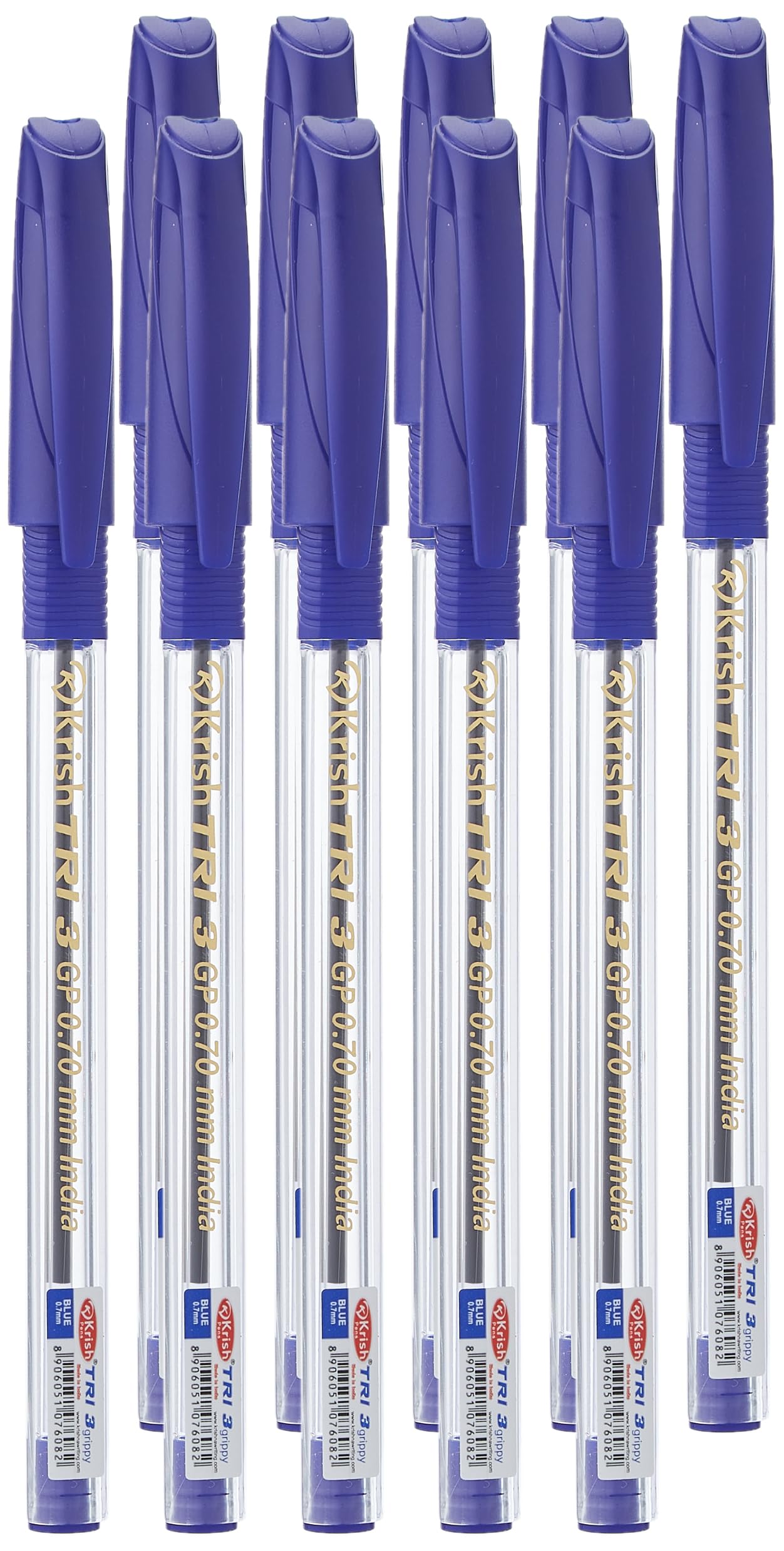 Krish Tri 3 Blue Pen (Pack of 10 Pens) 0.7 mm Smooth Long Lasting Reliable Daily Use Ballpoint Pen