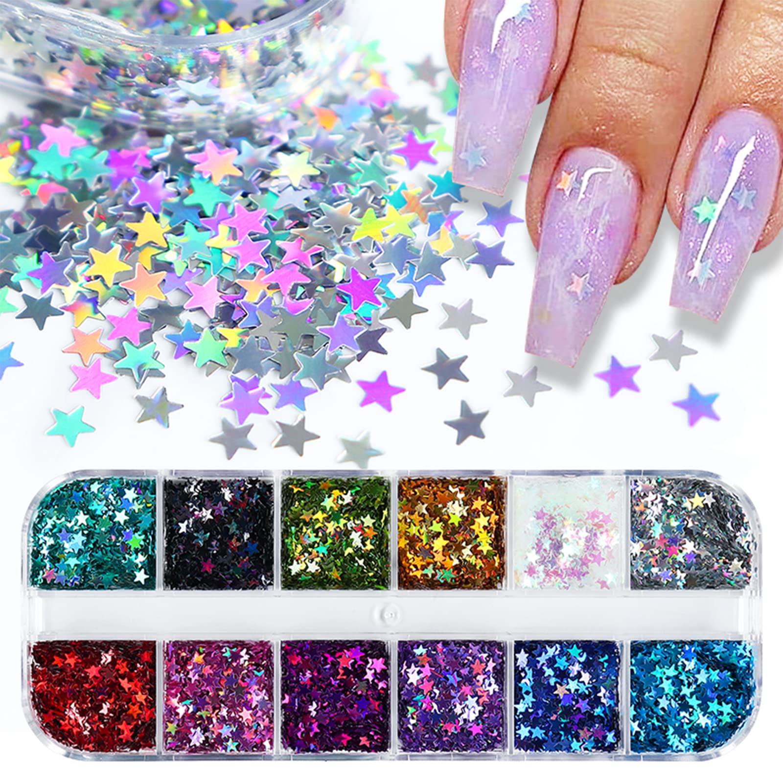 Pentagram Shape Holographic Nail Art Glitter, 12 Color Nail Charms Star Nail Art Sequins Design Supplies DIY Decoration for Women Girls