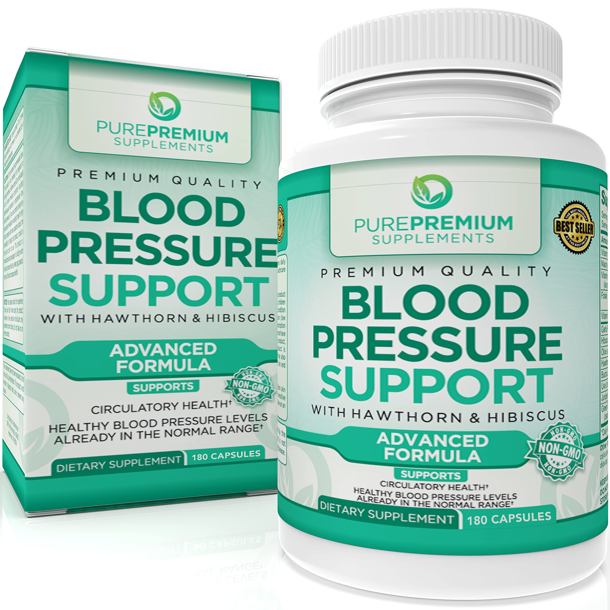 PurePremium Blood Pressure Support with Hawthorn Berry, Hibiscus - Nitric Oxide with Vitamin B6 - Garlic Supplements for Normal Nitric Oxide Supplement - 180 Caps