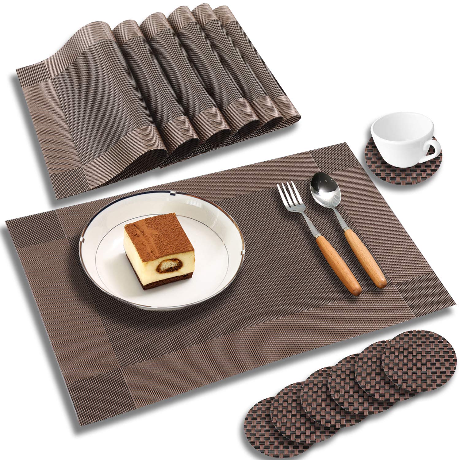 hyle Placemats for Dining Table Kitchen Table Mats Outdoor mat Woven Vinyl Placemats Set of 6 Coasters-Heat Resistant Stain Resistant Non-Slip Washable Easy Clean Place Decor Dark Brown