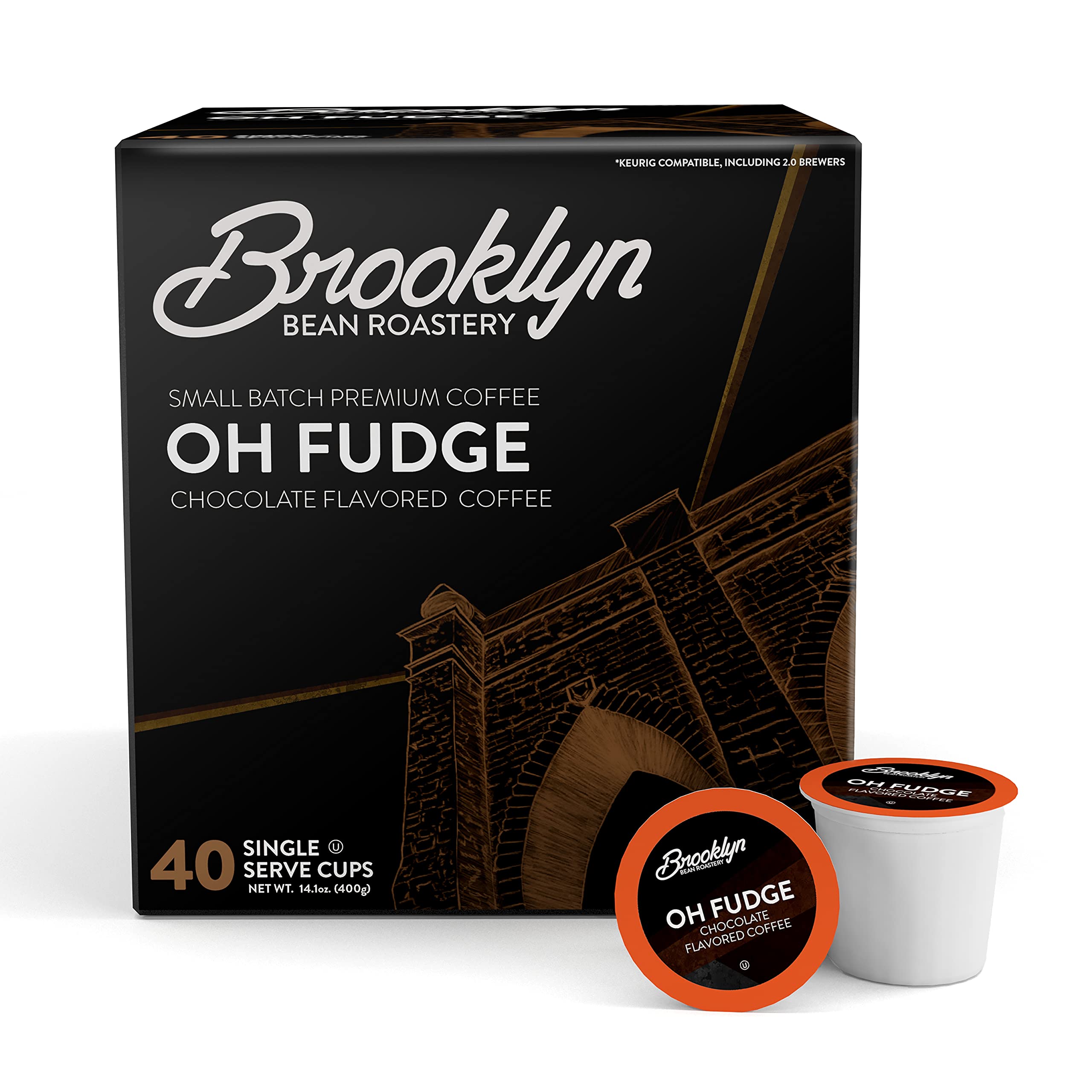 Brooklyn BeansOh Fudge Gourmet Coffee Pods - Compatible with Keurig K Cup Brewers Including 2.0 Machines, 40 Count, Rich Chocolate Flavored