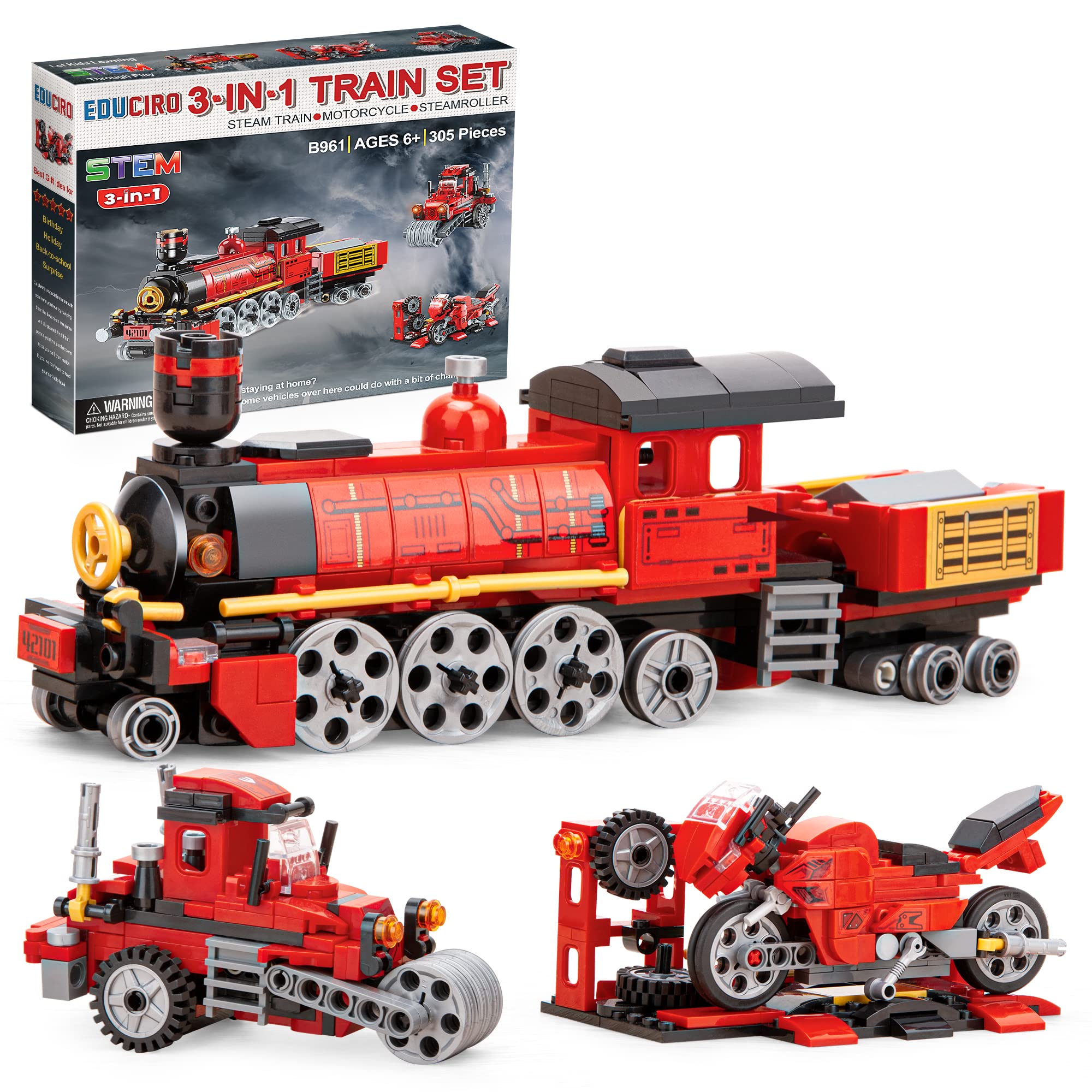 Toys Train Sets, 3 in 1 Building kit Steam Train Motorcycle Tractor for Kids,New 2021 Creative Play and Easy to Follow (305 Pieces)