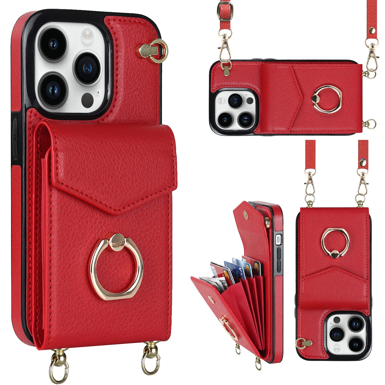 SZHAIYU Flip Leather Wallet Phone Cases for iPhone 14 Pro Max Crossbody Case with Credit Card Holder Ring Strap Lanyard 6.7'' Women RFID Blocking Protective Purse (Red,IP 14 Pro Max)