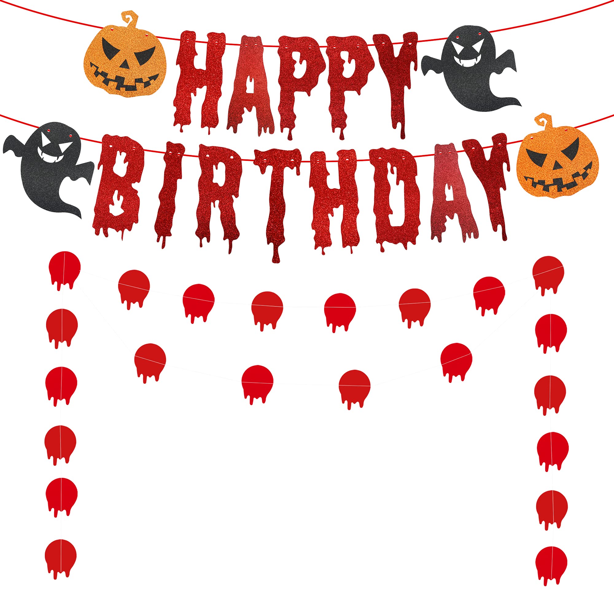 Weimaro Halloween Birthday Banner, Red Halloween Birthday Party Decorations with Bloody Circle Dots,Horror Bloody Birthday Banner,Halloween Zombie Vampire Birthday Party Supplies(Pre- Assembled)