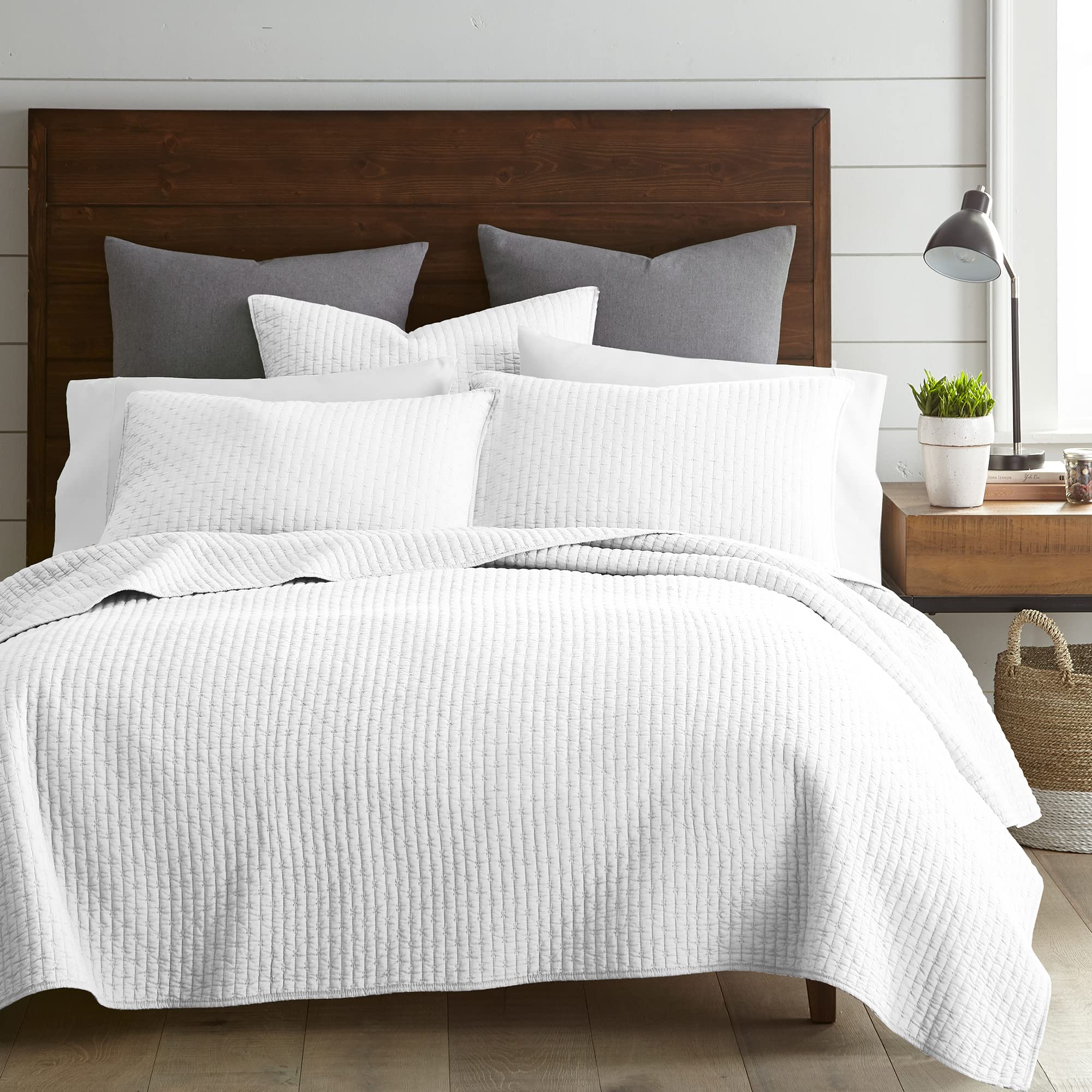 Levtex Home - Cross Stitch Bright White Quilt Set - 100% Cotton - Full/Queen Quilt (88x92in.) + 2 Standard Shams (26x20in.) - Reversible - Cotton Fabric